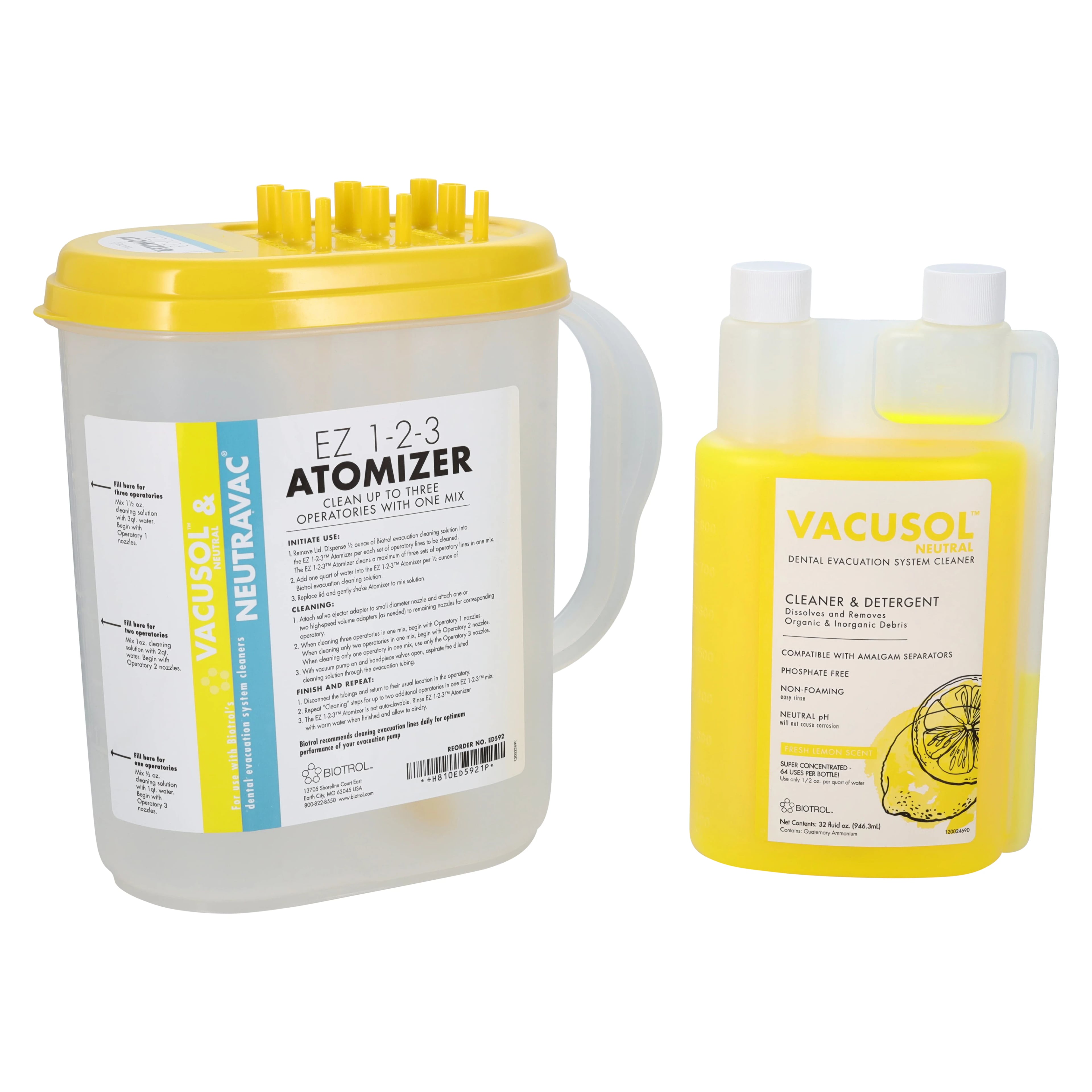 Vacusol Neutral Dental Evacuation System Cleaner Starter Kit, 32 oz Bottle with Atomizer, Lemon Scent, ED906