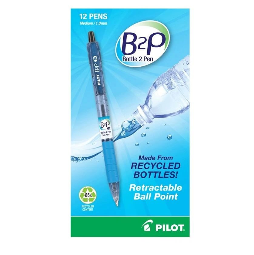 Pilot B2P Ballpoint Pens, Medium Point 1.0mm, Black Ink, 12/Pack