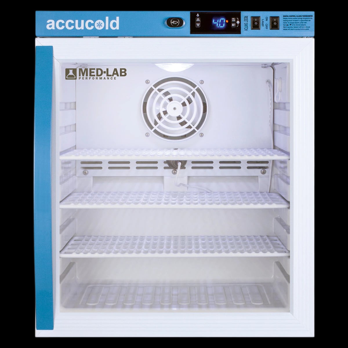 Accucold Laboratory Refrigerator, 1 Cu Ft, Glass Door, Right Hinge/Reversible, 2 to 10C, Automatic Defrost