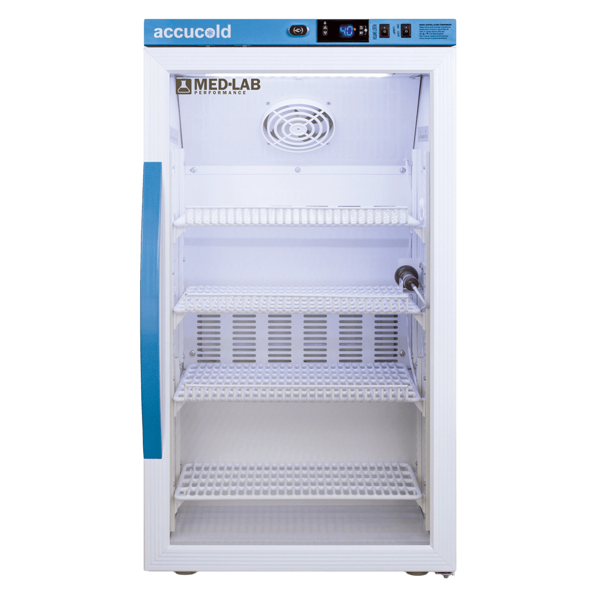 Accucold Laboratory Refrigerator, 3 Cu Ft, Glass Door, Right Hinge/Reversible, 2 to 10C, Automatic Defrost