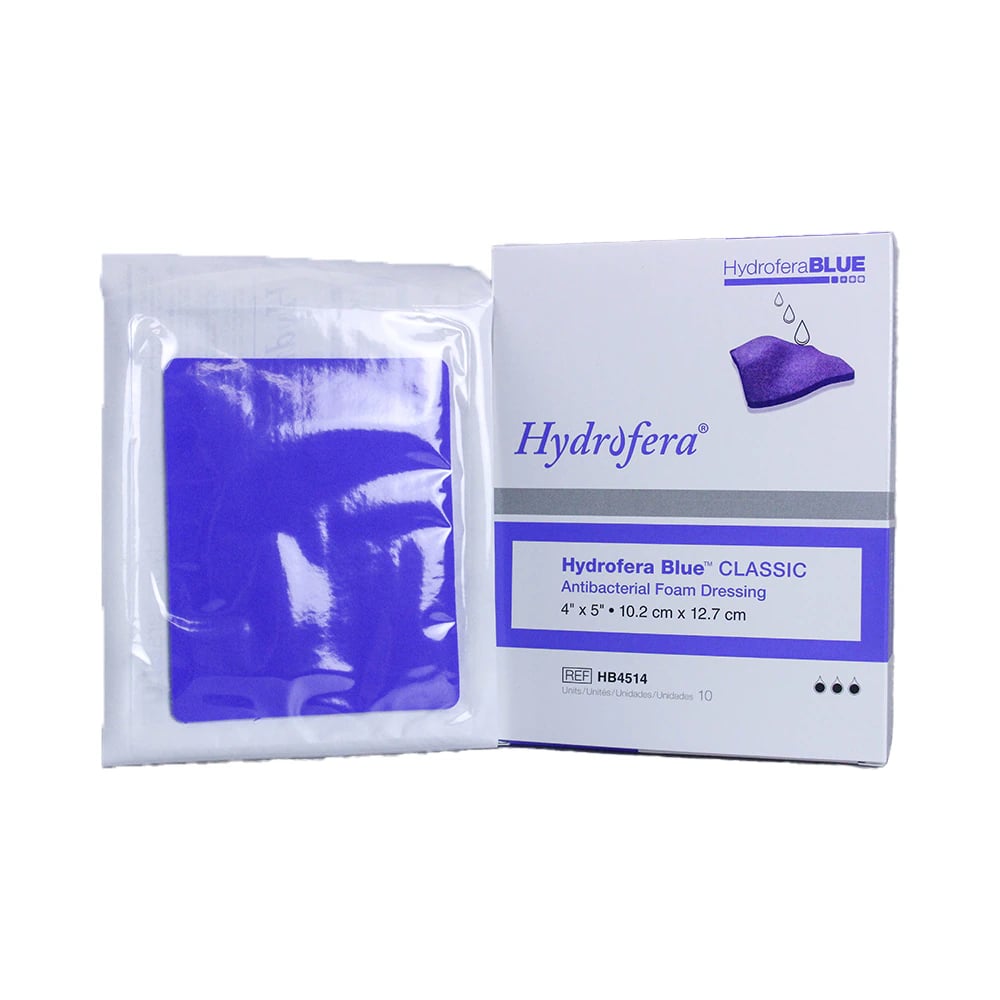 Hydrofera Blue PVA Foam Antimicrobial Wound Dressing, 4" x 5", Sterile, Rectangle, Blue, Absorbent, Latex-Free