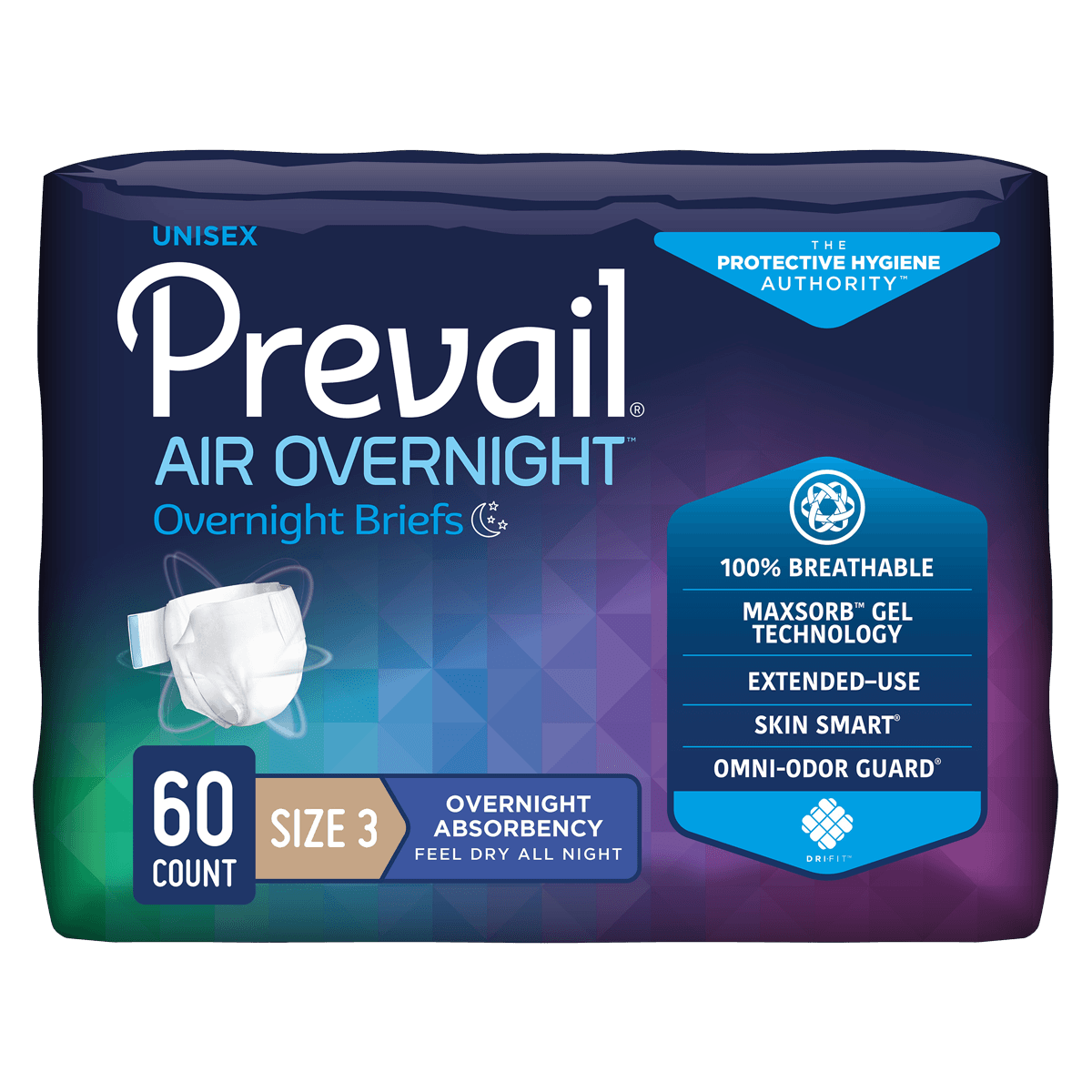 Prevail Air Incontinence Brief, Unisex, Heavy, Refastenable Tabs, 58-73" Waist, Gray, 60/Case