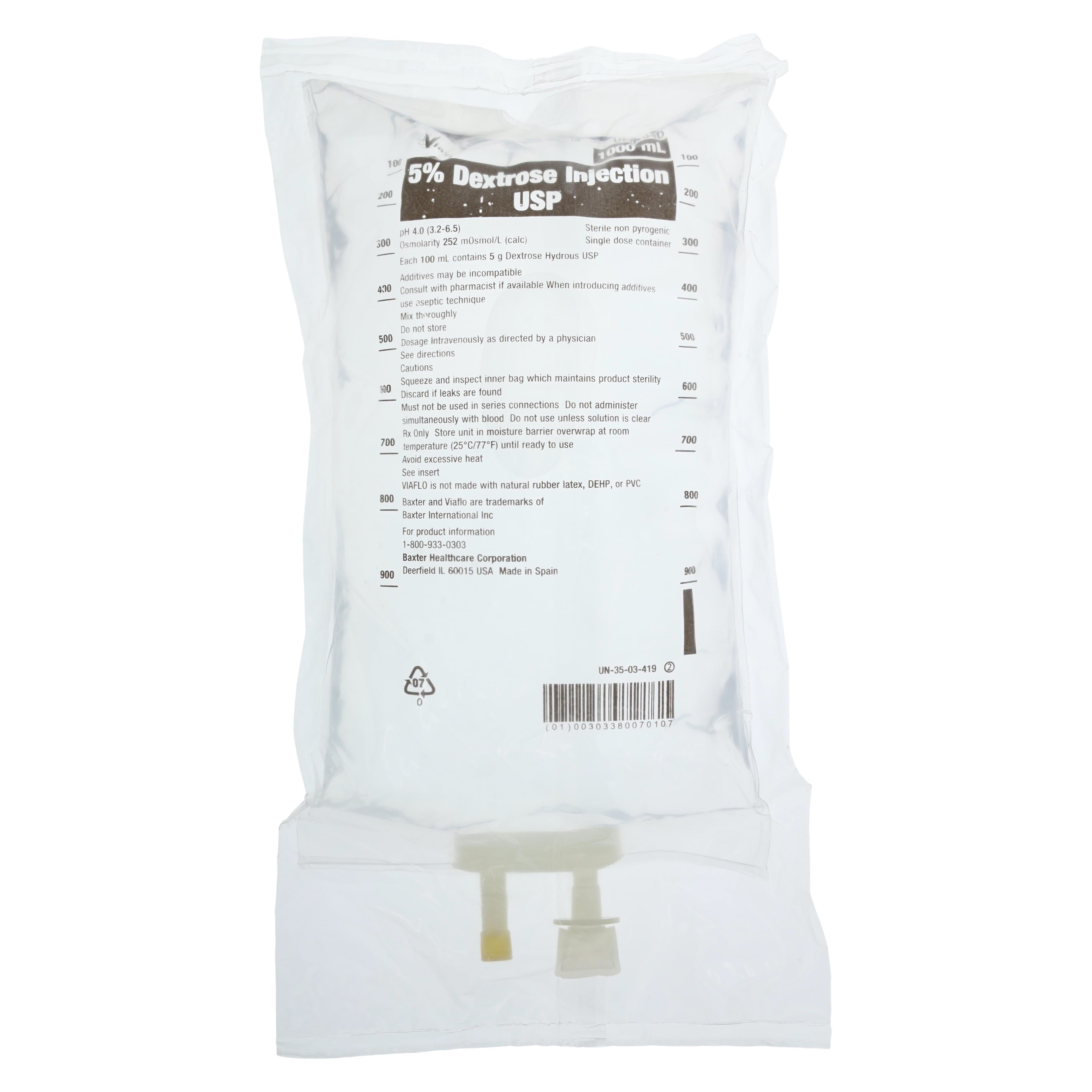Baxter Viaflo Dextrose 5% Injection USP, 1000 mL IV Bag, DEHP-Free, Latex-Free
