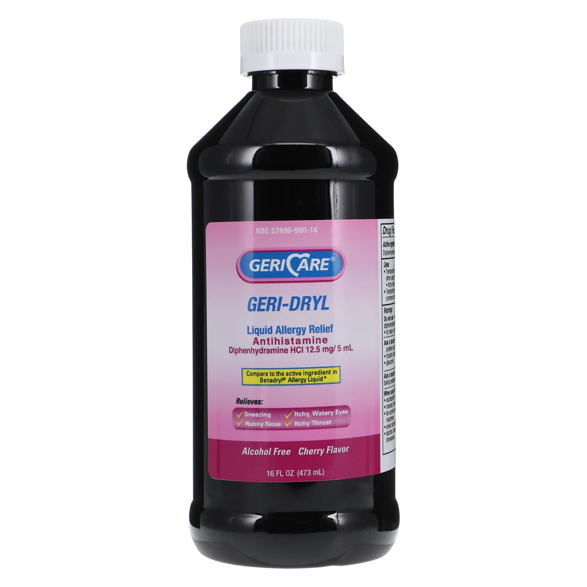 Geri-Care Diphenhydramine HCl Elixir, 12.5mg/5mL, Cherry Flavor, 16 oz Bottle