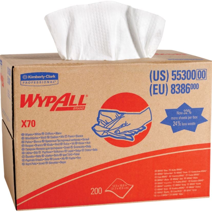 Kimberly-Clark WypAll X70 Wipers, Pop-Up, 12.5" x 16.8", White, 200/Case
