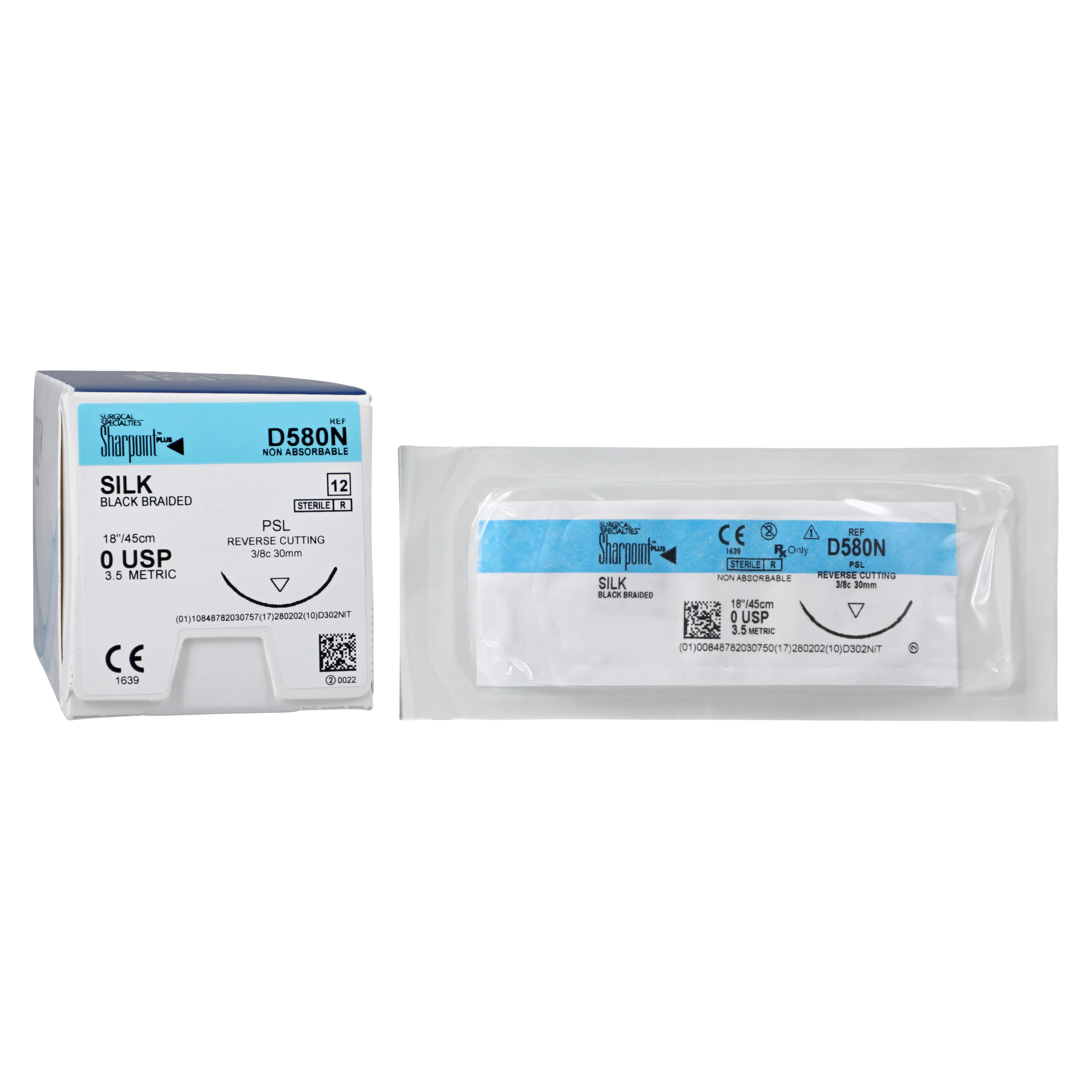 Sharpoint Plus Suture, Silk Braid, Size 0, 18" Length, PSL Precision Reverse Cutting 3/8 Circle Needle 30mm, Black, 12/Box