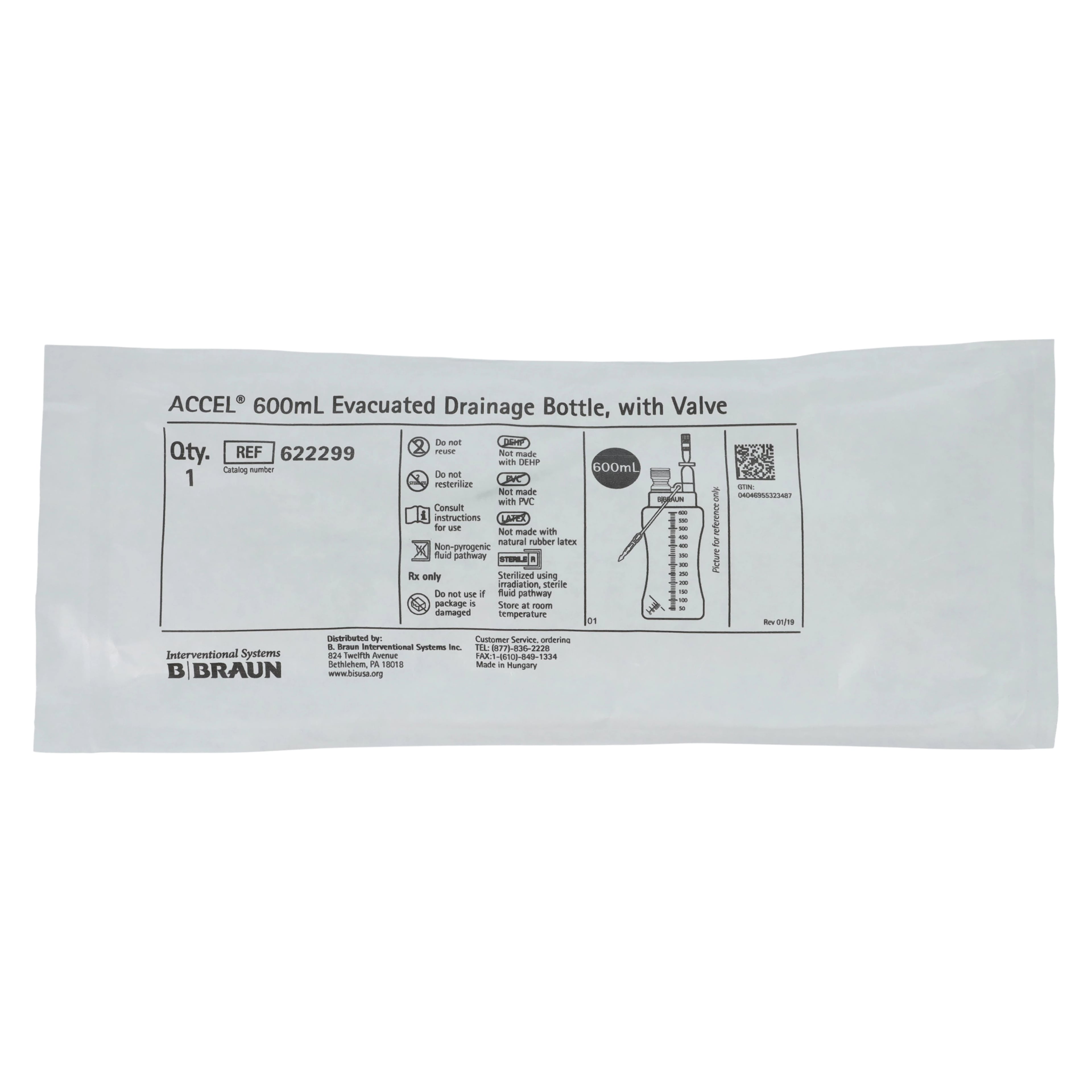 B. Braun Accel Evacuator Drain Bottle, Plastic, 600 mL, with Valve