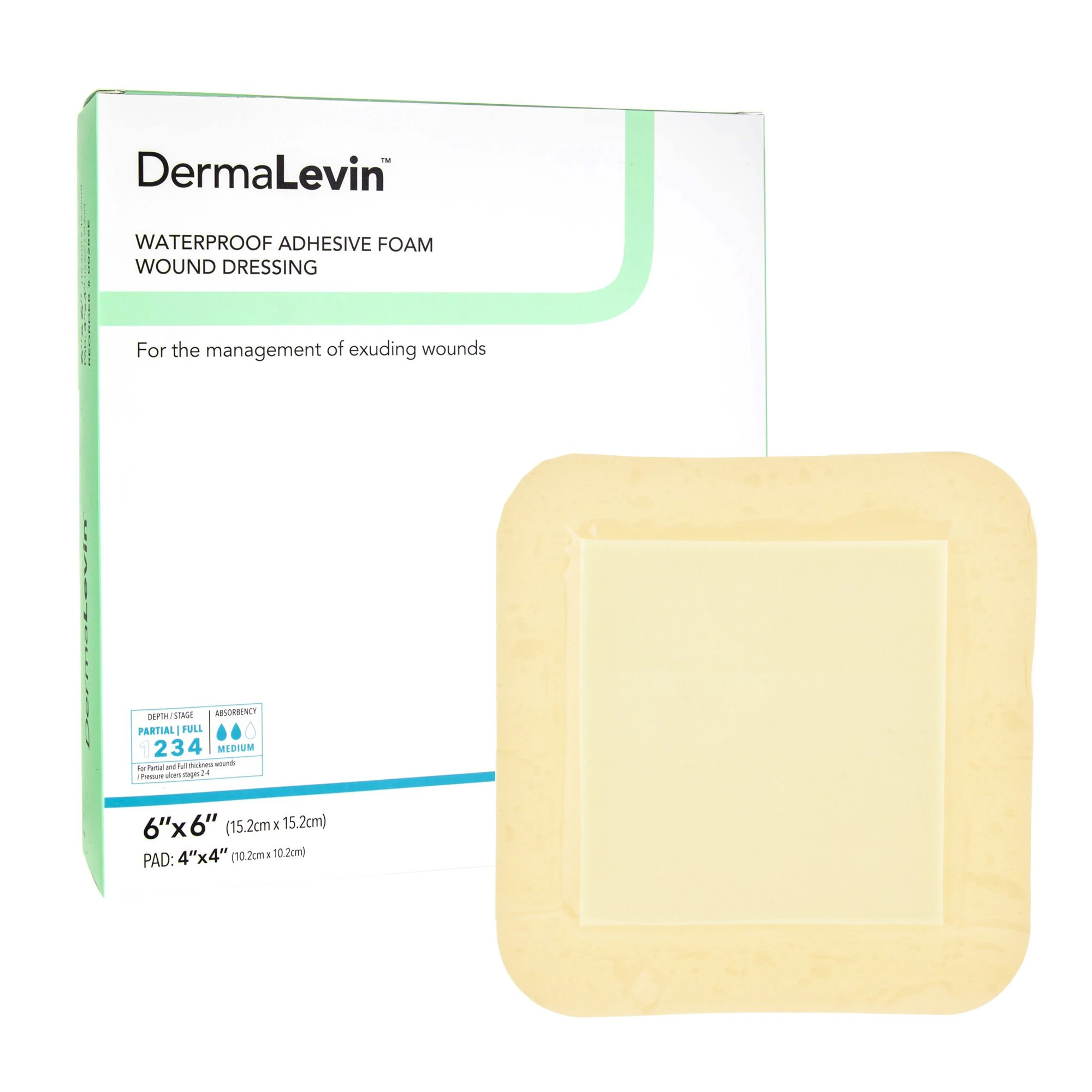 DermaLevin Foam Island Wound Dressing, 6x6" Sterile, Non-Adherent, Adhesive, Tan, Moderate Absorption, Latex-Free