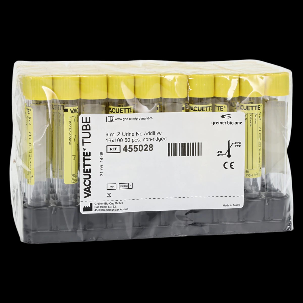Greiner Bio-One Vacuette Z Urine Tube, PET, 9mL, 16x100mm, Pull Cap, Conical Bottom, Sterile, No Additive, Yellow, 50/Pk