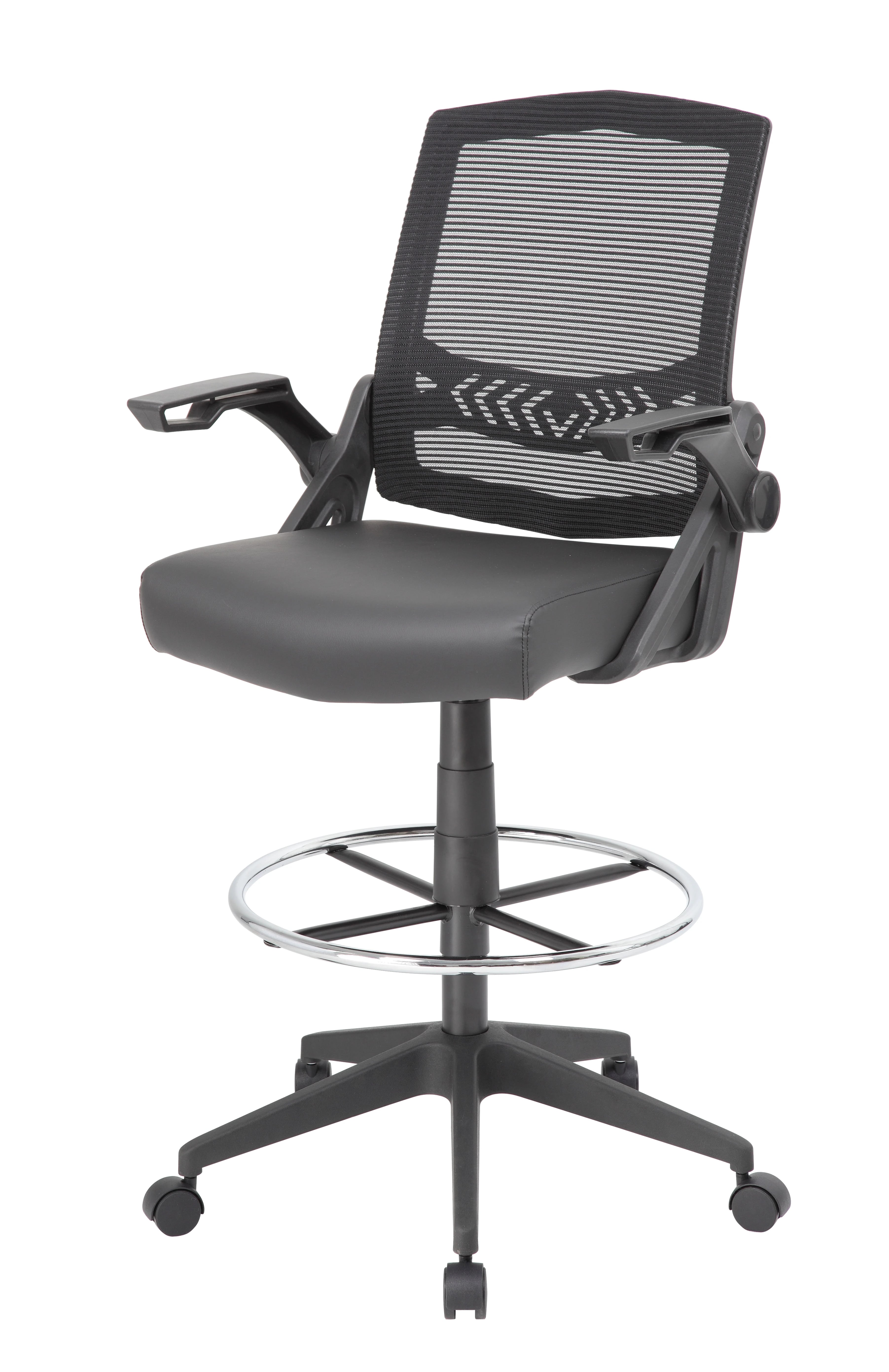 Boss Office Products Mesh Drafting Stool with Flip Arms, 27"W x 23.5"D x 44.5"-47.5"H