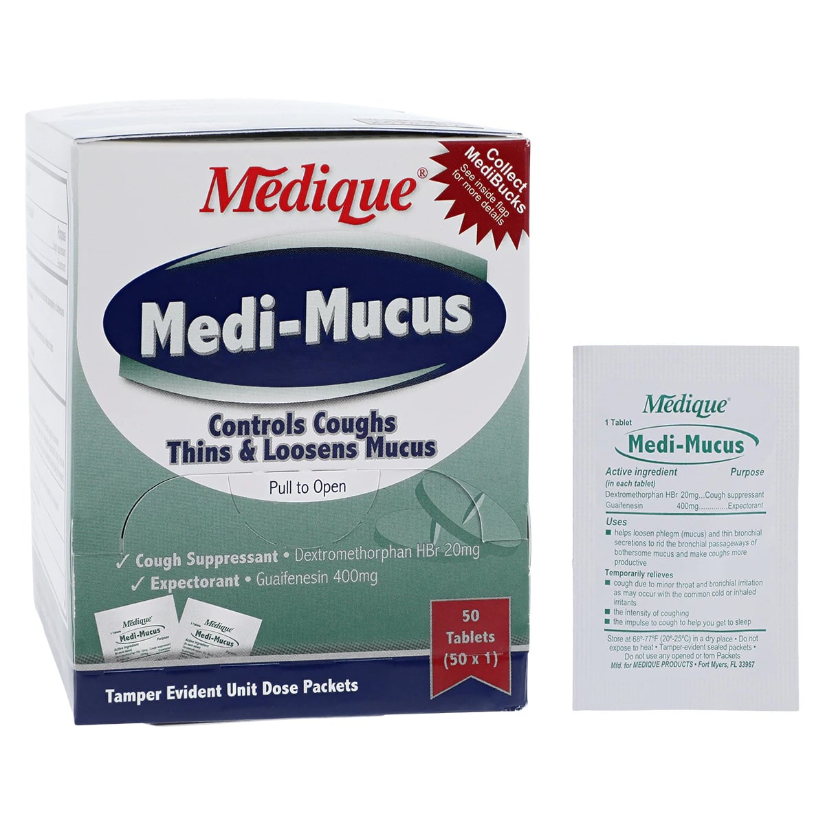 Medique Medi-Mucus Cough/Cold Tablets, 20mg/400mg, 50 per Carton