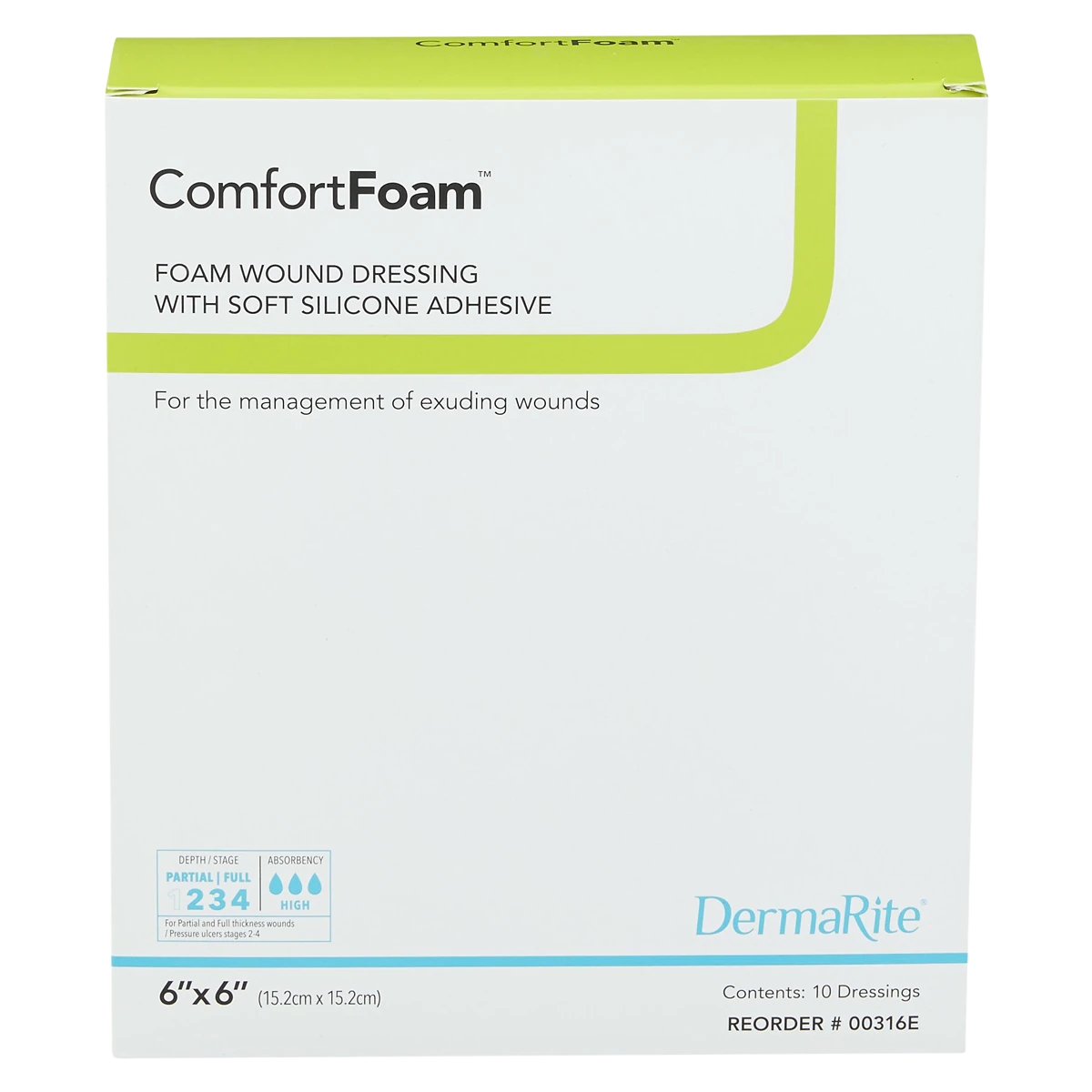ComfortFoam Border Polyurethane Foam Wound Dressing, 6x6" Sterile Square, Self-Adherent Silicone Adhesive, Tan, Highly Absorbent