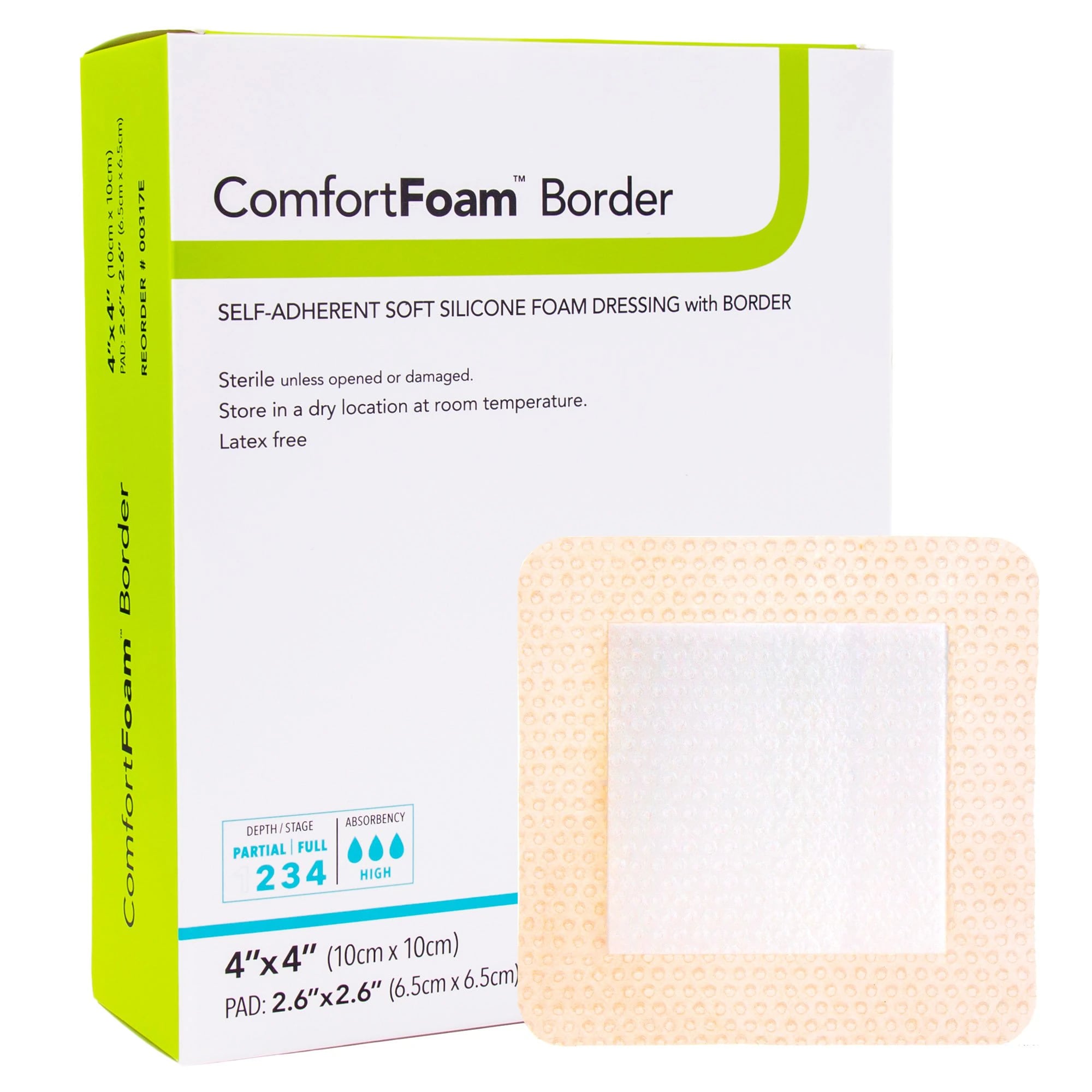 Comfortfoam Border Polyurethane Foam Wound Dressing, 4x4" Sterile Square, Self-Adherent Silicone Adhesive, Tan, Highly Absorbent