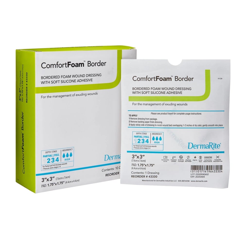 Comfortfoam Border Polyurethane Foam Wound Dressing, 3x3" Sterile Square, Self-Adherent Silicone Adhesive, Tan, Highly Absorbent