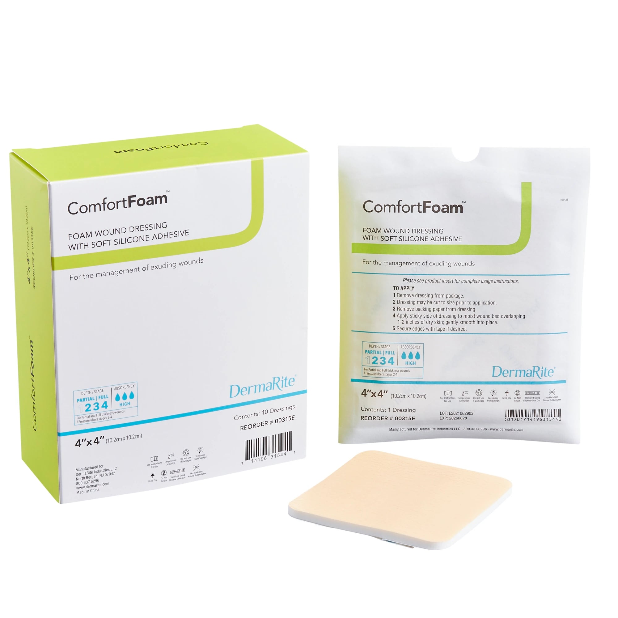 ComfortFoam Polyurethane Foam Wound Dressing, 4x4" Sterile Square, Self-Adherent Silicone Adhesive, Tan, Highly Absorbent