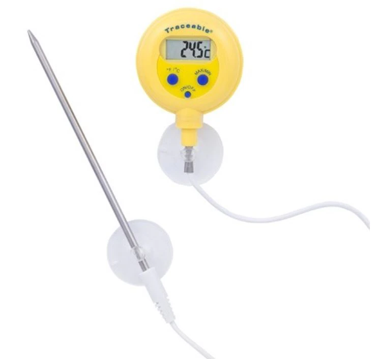 Traceable Thermometer, Stainless Steel Probe, -50 to 1300°C, LCD, Water-Resistant/Shockproof Case, 10-Foot Cable, Suction Cups, Each