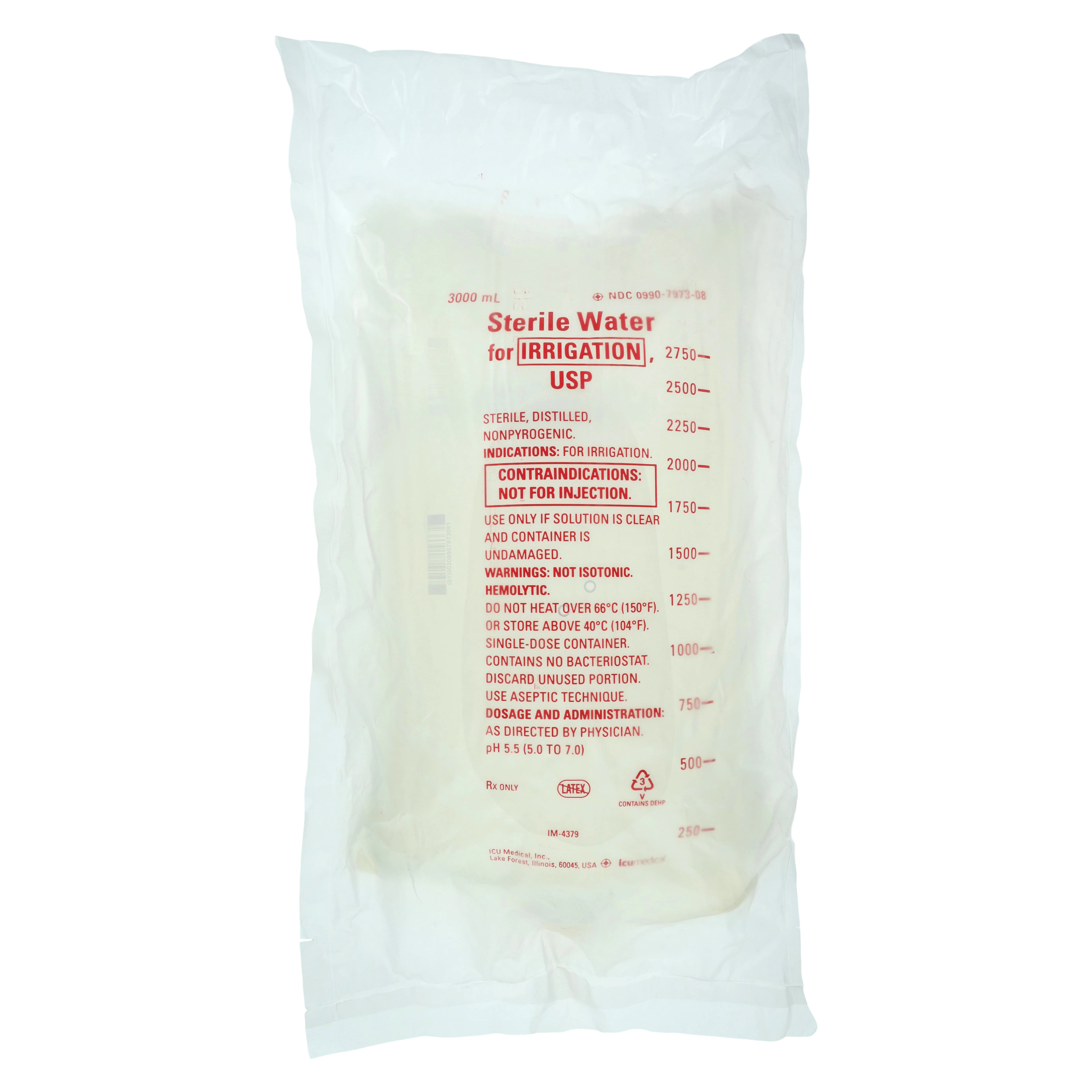 ICU Medical Sterile Water for Irrigation Bag, 3000 mL, Flexible Container