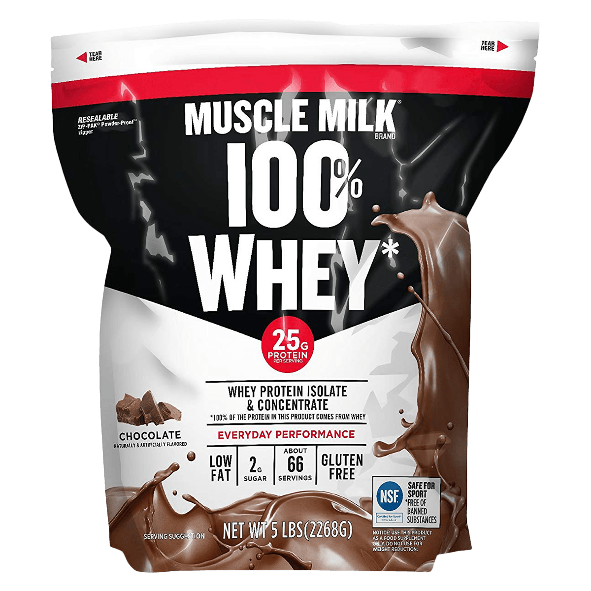 Muscle Milk 100% Whey Protein Powder, Chocolate, 5 lb Bag, 4/Case