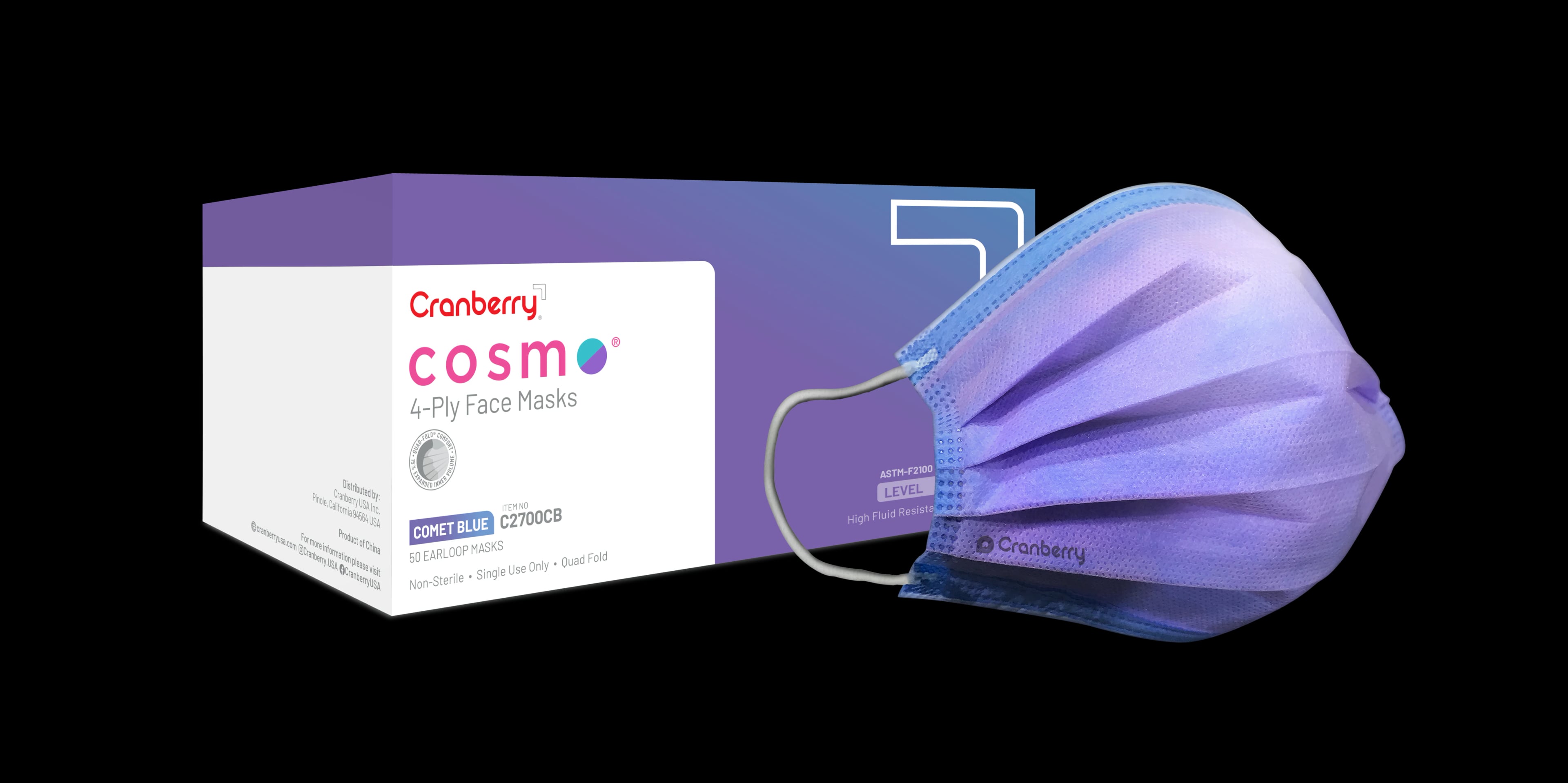 Cranberry Cosmo Procedure Face Mask, ASTM Level 3, 4-Ply, Ear Loop, Comet Blue, 50/Box, C2700CB