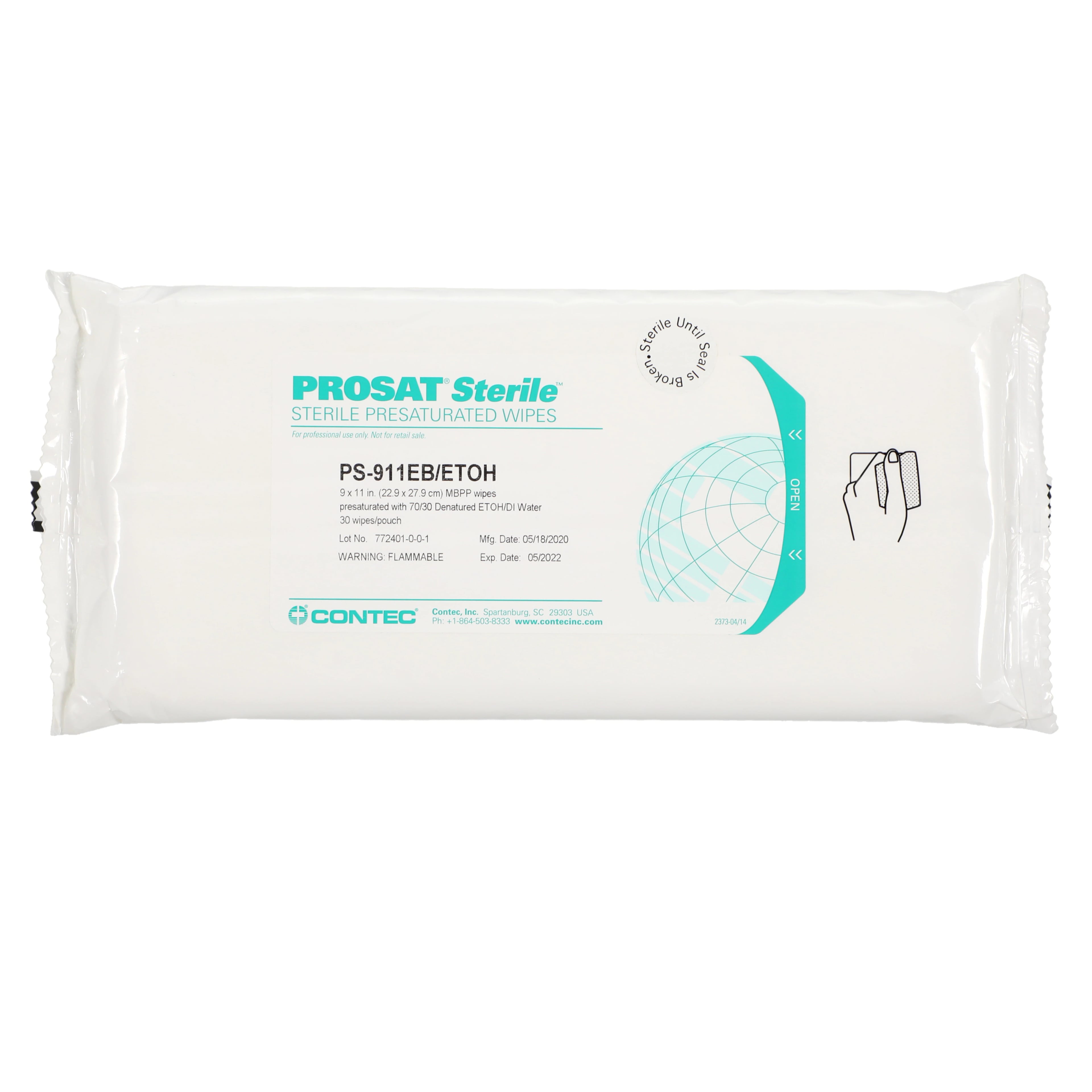 Contec Prosat Presaturated Chlorhexidine Sterile Wipes, 9 in x 11 in, 30/Pouch
