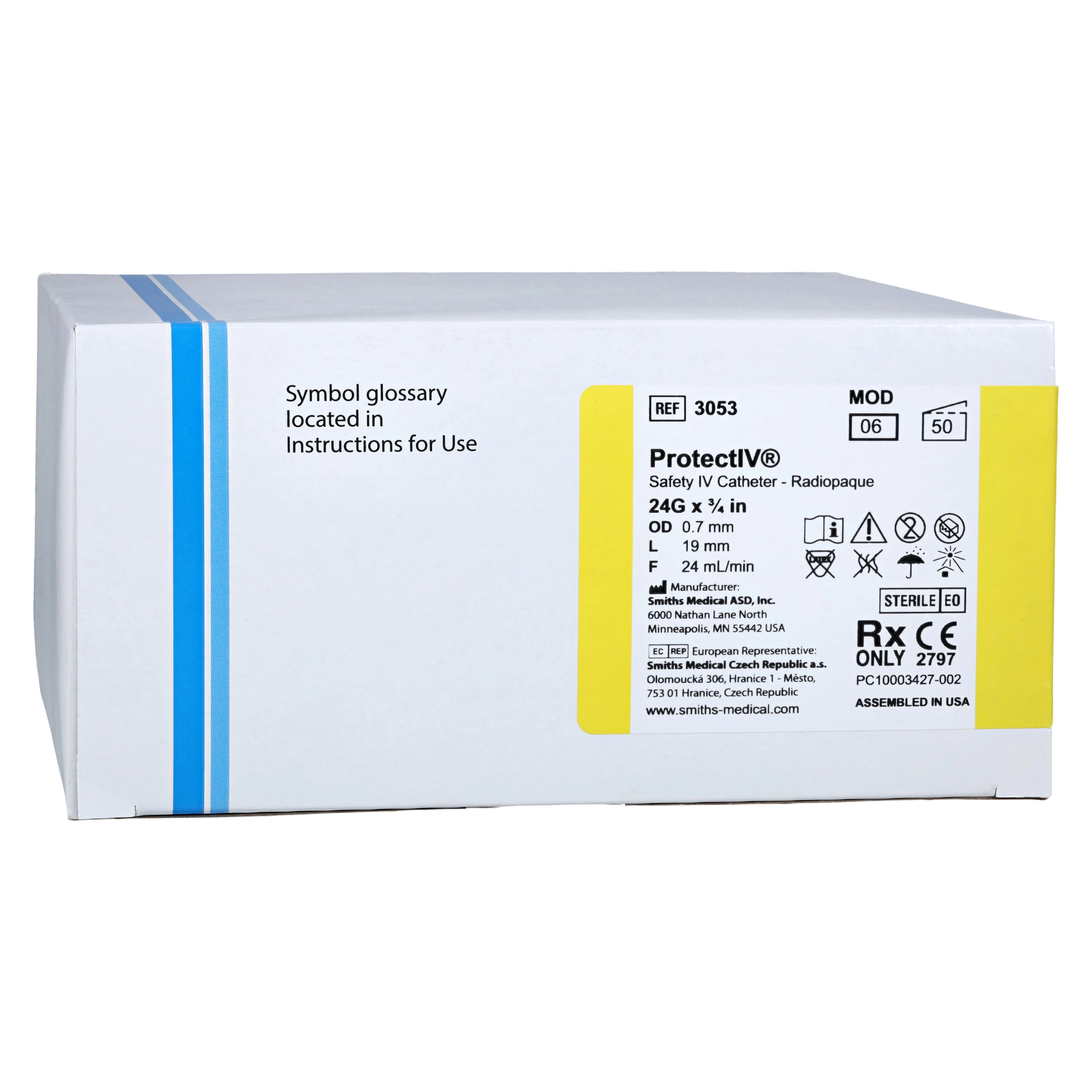 ICU Medical Protectiv IV Catheter, 24 Gauge, 3/4", Sterile, Yellow, Safety, Radiopaque, 50/Box