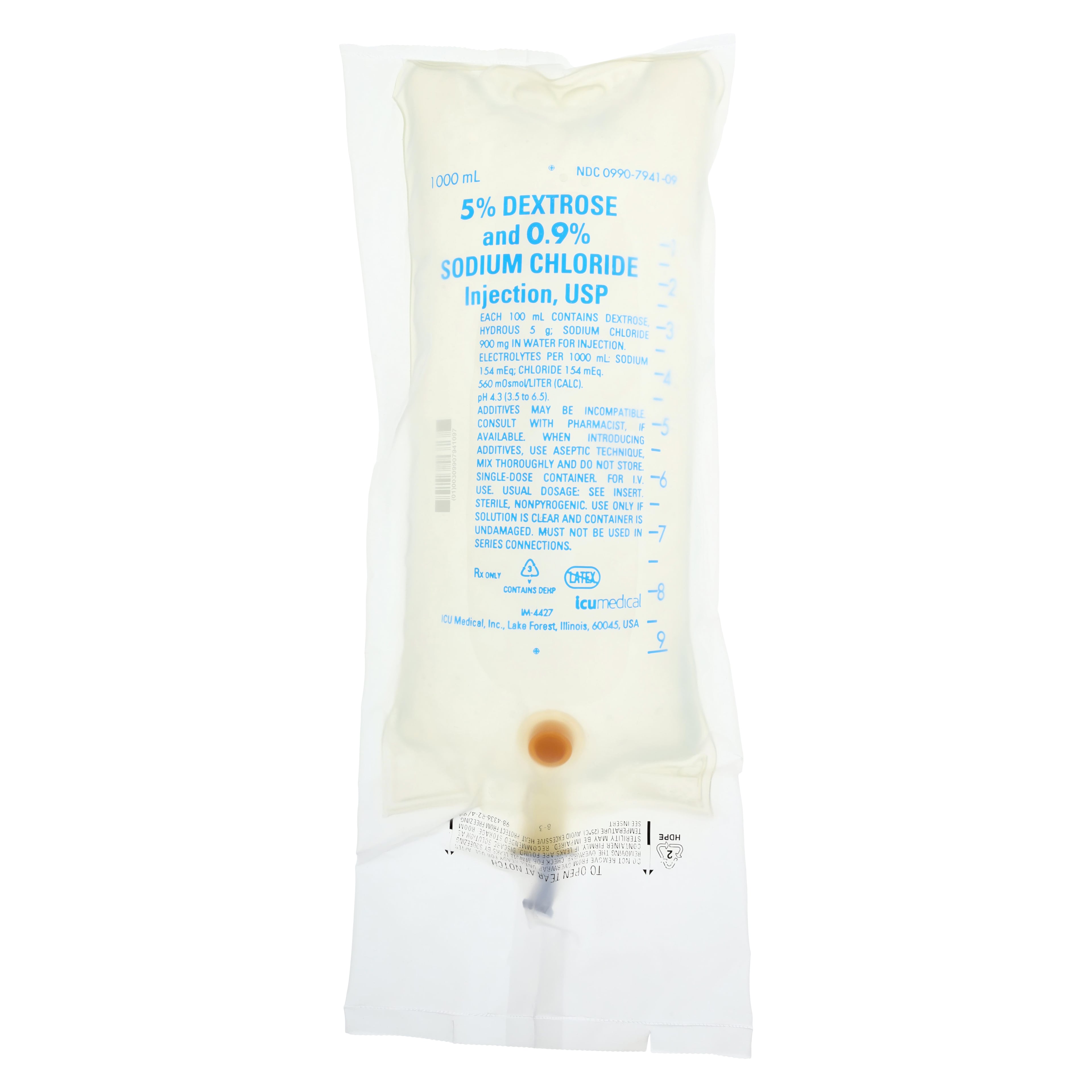 Dex 5% & 0.9% Sodium Chloride IV Solution, 1000 mL Bag, DEHP-Free, Latex-Free