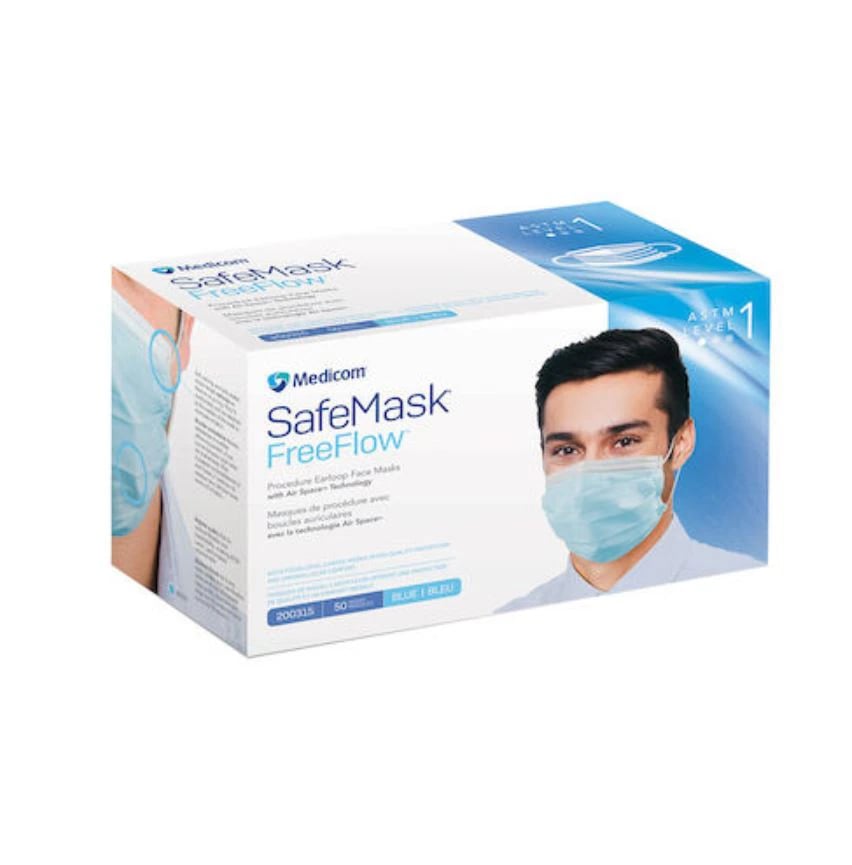Medicom SafeMask FreeFlow ASTM Level 1 Procedure Face Mask, Blue, 50/Box, 200315