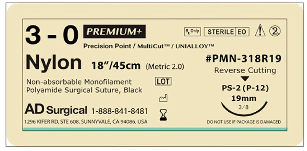 Unify Premium+ Suture Nylon Monofilament 3-0, 18", Non-Absorbable, PS-2 Reverse Cutting 3/8 Circle Needle 19mm, Uncoated Black, 12/Box