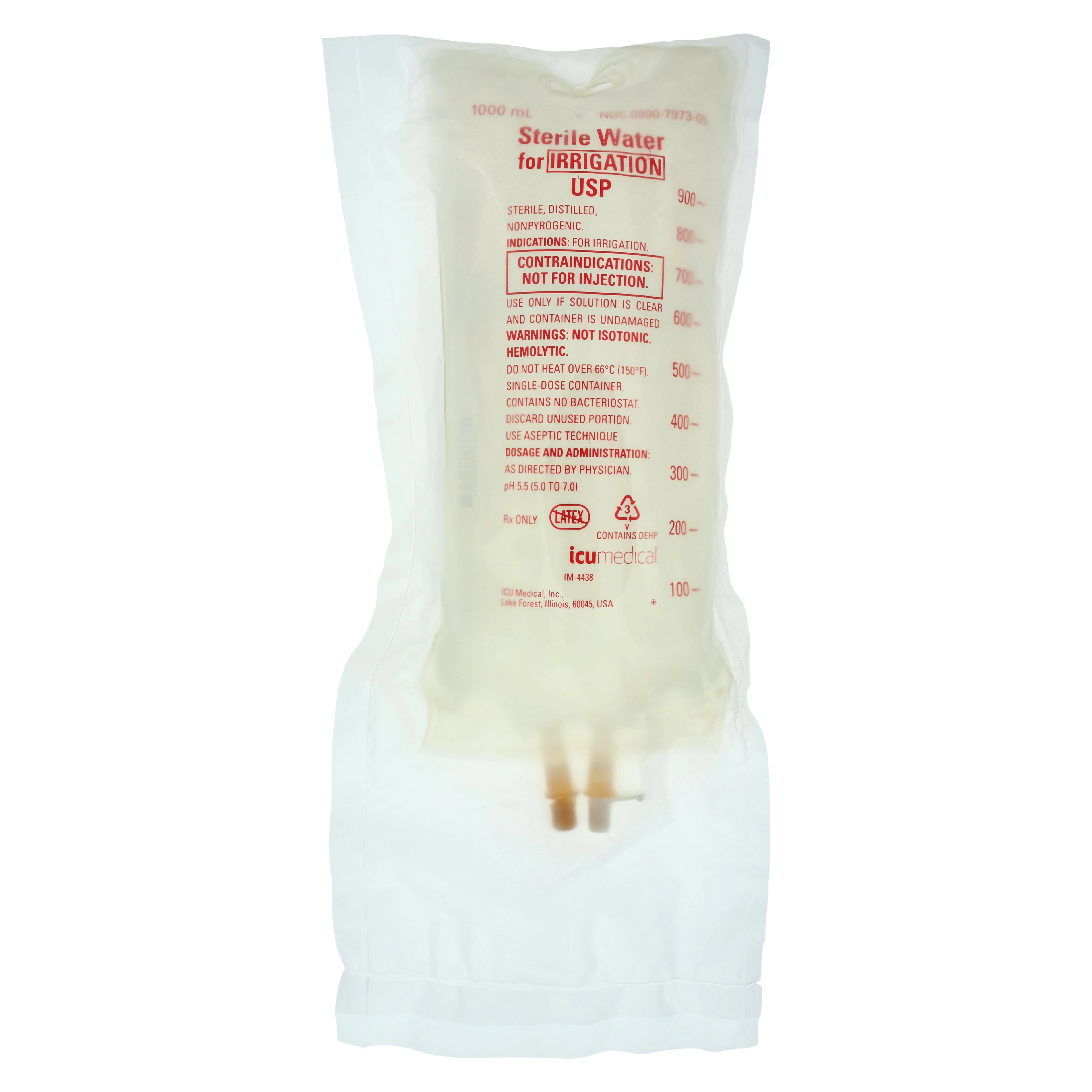 ICU Medical Sterile Water for Irrigation, 1000 mL Flexible Bag, Latex-Free, 12/Case