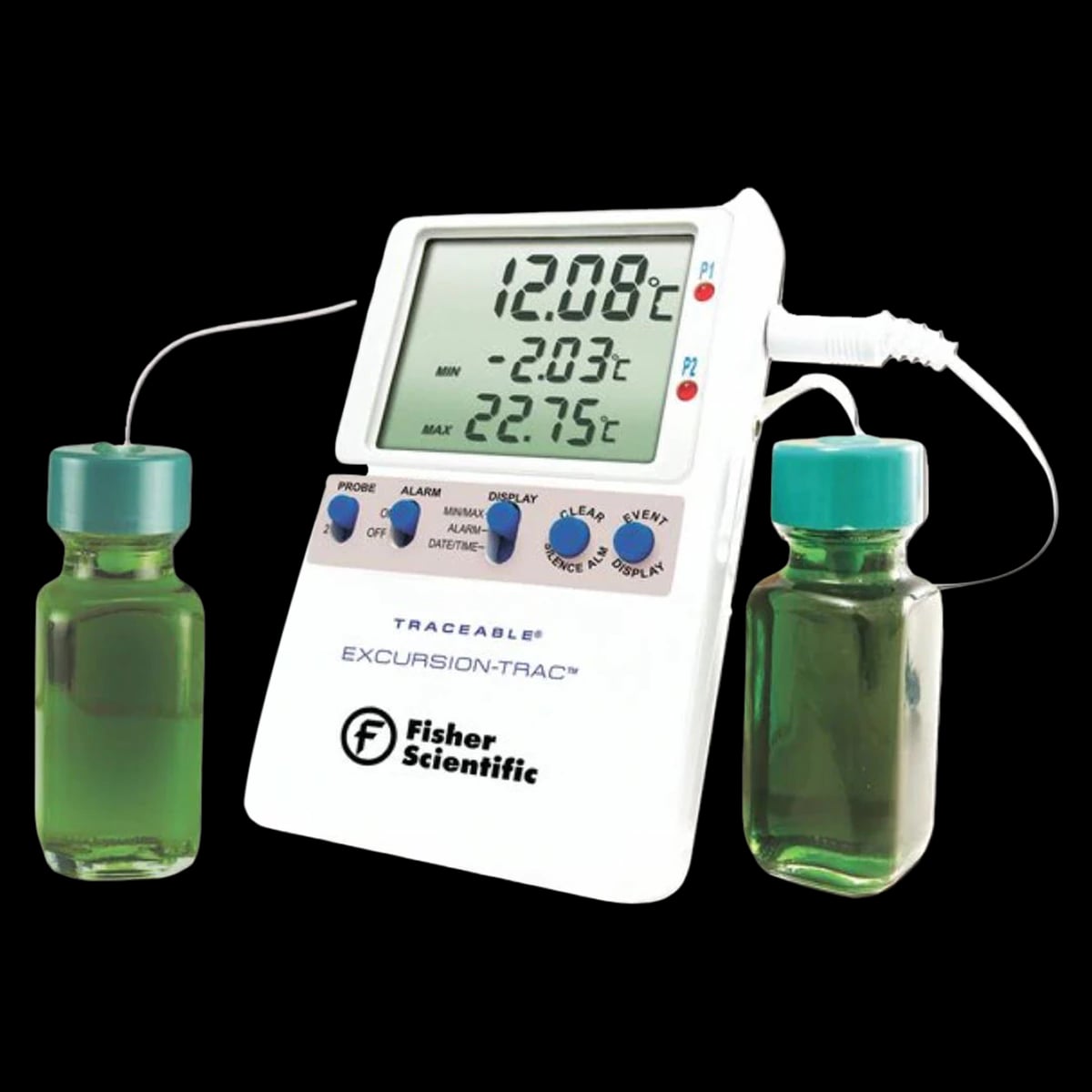 Traceable Excursion-Trac Data Logging Thermometer, ABS Plastic, -50 to 70°C, 2 Bottle Probes, LCD, ISO 17025/A2LA/NIST, Each
