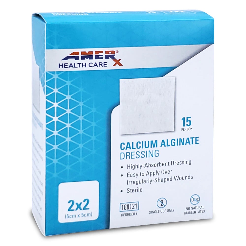 Amerx Health Care 100% Calcium Alginate Wound Dressing, 2" x 2", Sterile, Highly Absorbent, Latex-Free