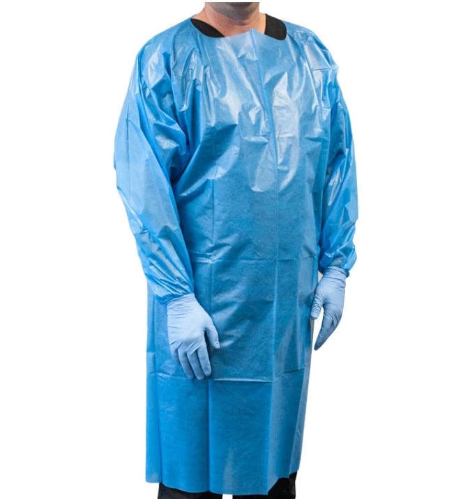PremierPro Disposable Polyethylene Cover Gown, Universal Size, Blue, Non-Sterile, Open Back, Over-the-Head with Elastic Thumb Loop Wrist, 100/Case