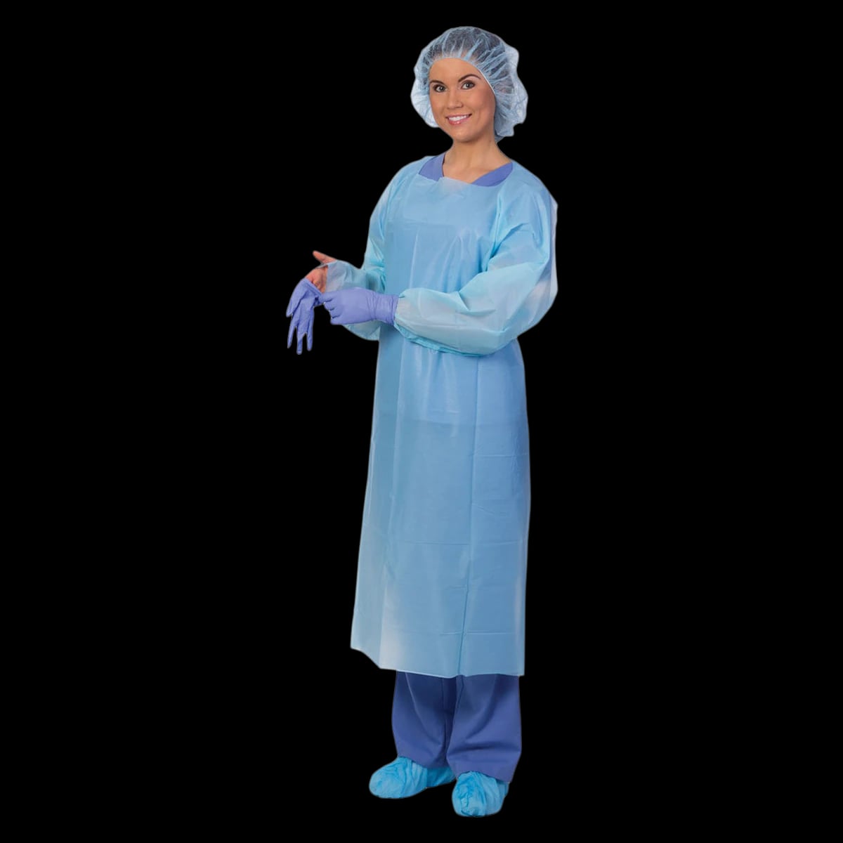 PremierPro Disposable Cover Gown, Polyethylene Film, Universal Blue, Non-Sterile, Open Back, Over-the-Head, Long Sleeves with Thumb Loops, 75/Case