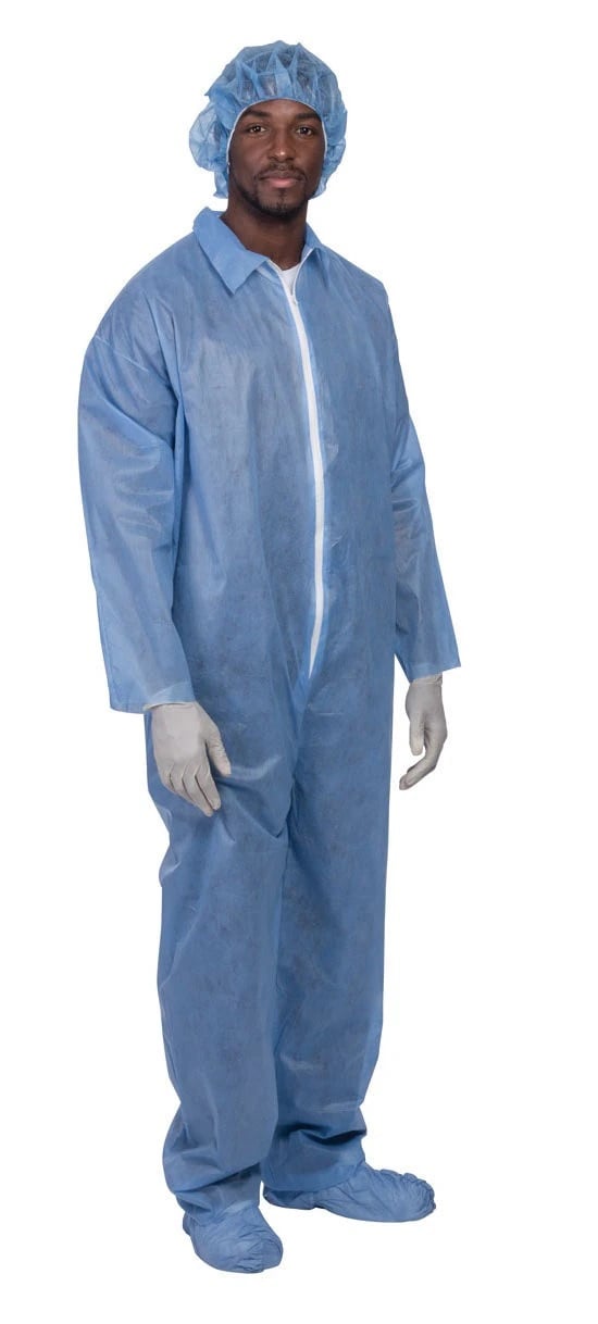 PremierPro Disposable Staff Coverall, X-Large, Blue, Long Sleeves, Tri-Layer SMS, 24/Case