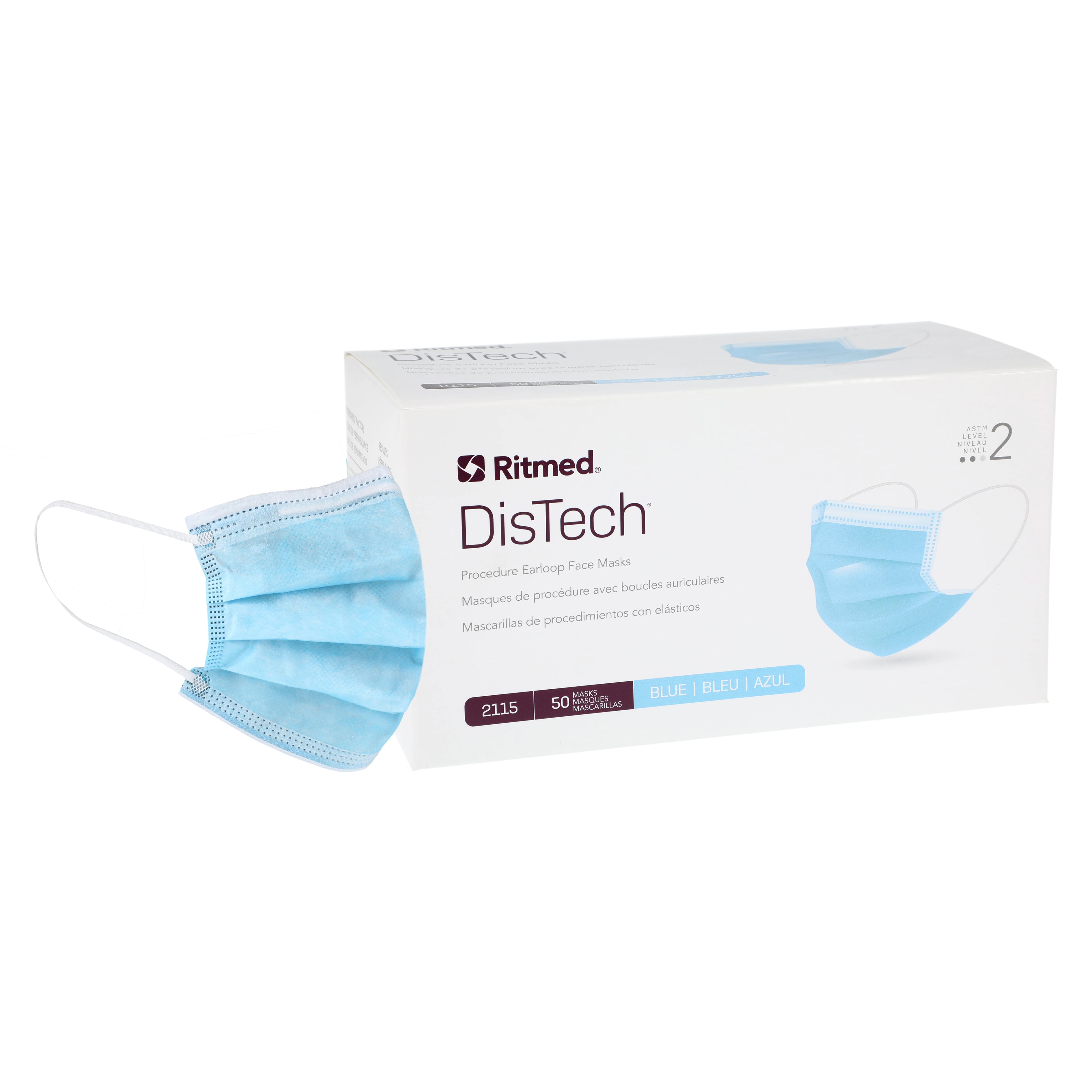 DYLS Distech Earloop Face Mask, ASTM Level 2, Blue, Non-Latex, 50/Box