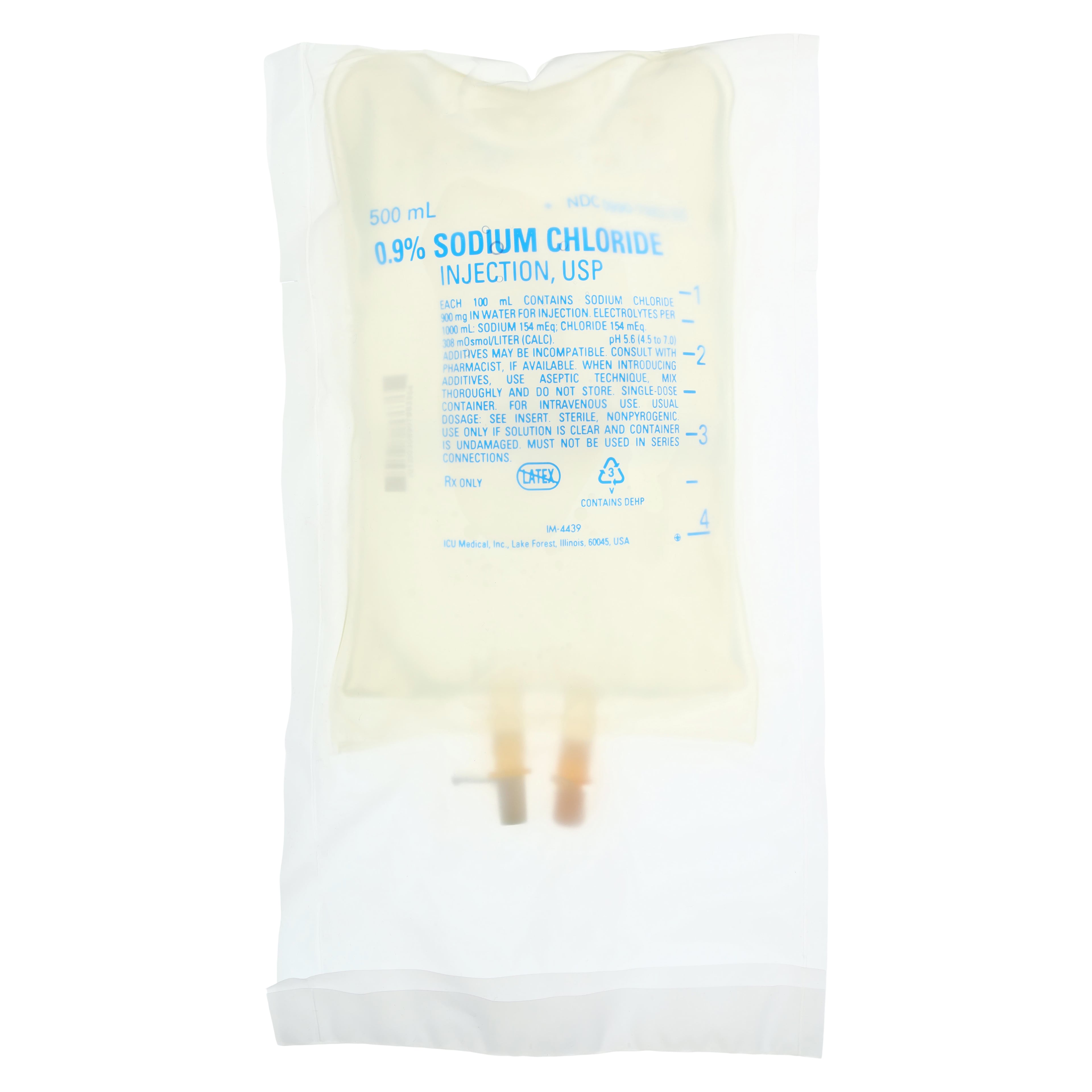 ICU Medical 0.9% Sodium Chloride IV Injection Solution, 500mL Bag, Sterile, DEHP-Free, Latex-Free, 18/Case