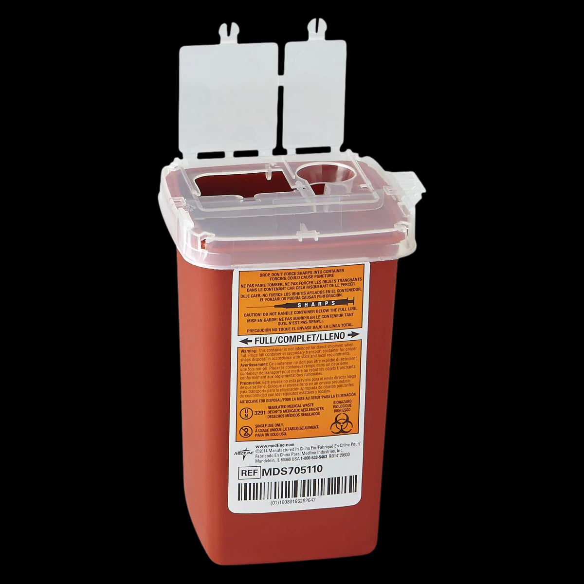 Medline Phlebotomy 1qt Transportable Red Sharps Container, Vertical Entry, 100/Case