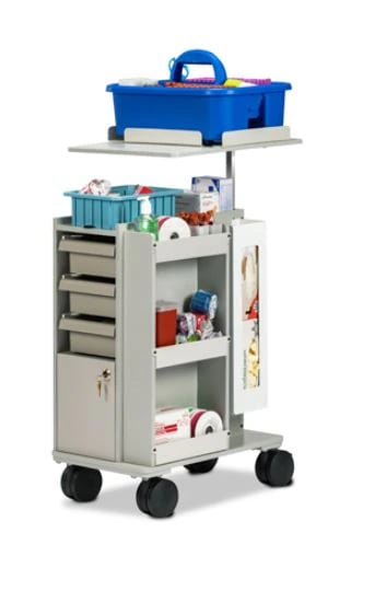 Clinton Industries SlimLine Store & Go Cart, Gray Laminate, 20"W x 16"D x 36-42"H, 4" Casters, 1 Locking Door, 3 Drawers