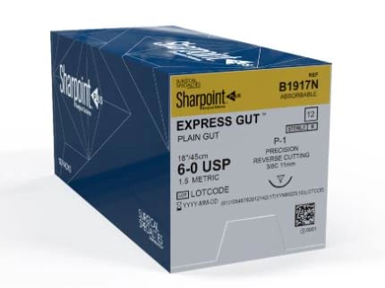 Sharpoint Plus Plain Gut Absorbable Suture, 6-0, 18", P-1 Precision Reverse Cutting 3/8 Circle Needle 11mm, Undyed, 12/Box