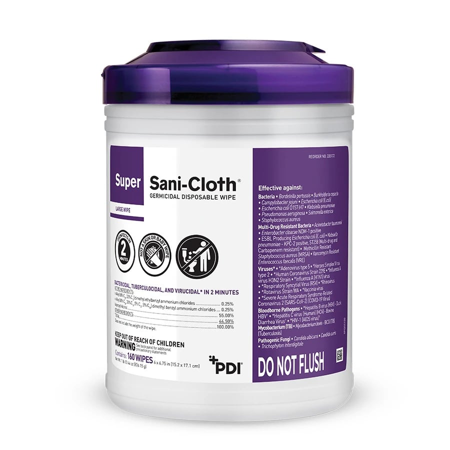 Super Sani-Cloth Germicidal Wipes, Large, 6 in x 6.75 in, 160/Canister, Q55172