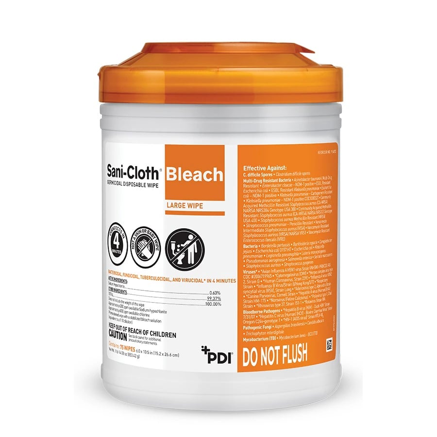 Sani-Cloth Bleach Germicidal Disposable Wipes, Large 6" x 10.5", 75/Canister, P54072
