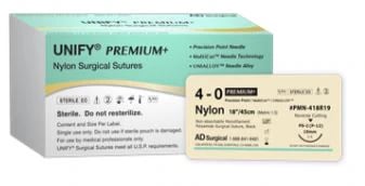 Unify Premium+ Suture Nylon Monofilament 4-0, 27", Non-Absorbable, PS-1 Reverse Cutting 3/8 Circle Needle 24mm, Uncoated Black, 12/Box