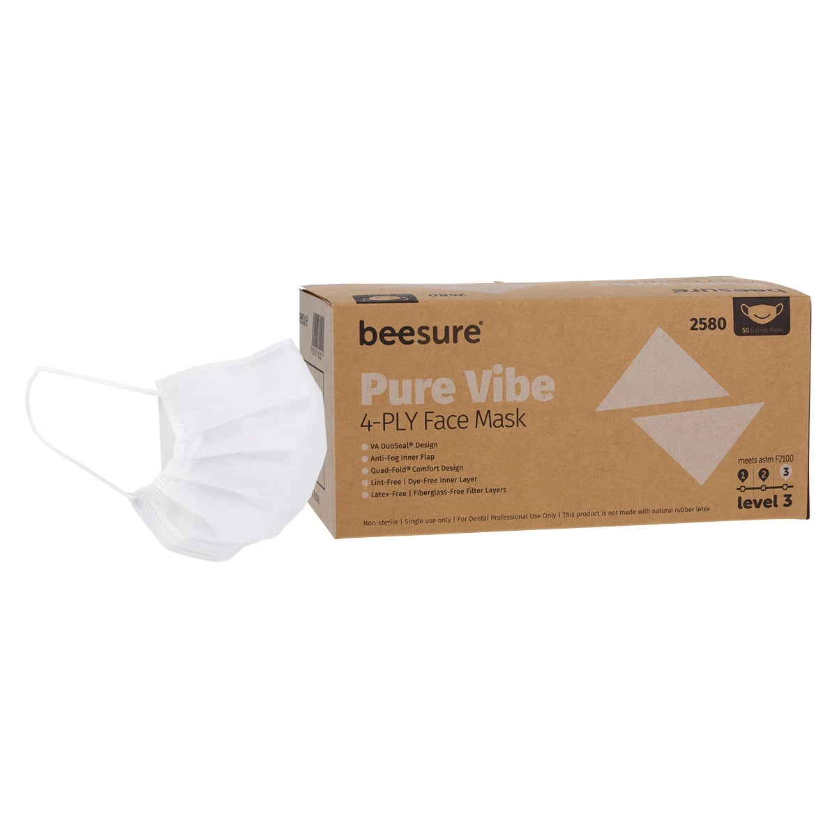 BeeSure Vibe ASTM Level 3 Earloop Face Mask, Pure White, 4-Ply, Anti-Fog, 50/Box, BE2580