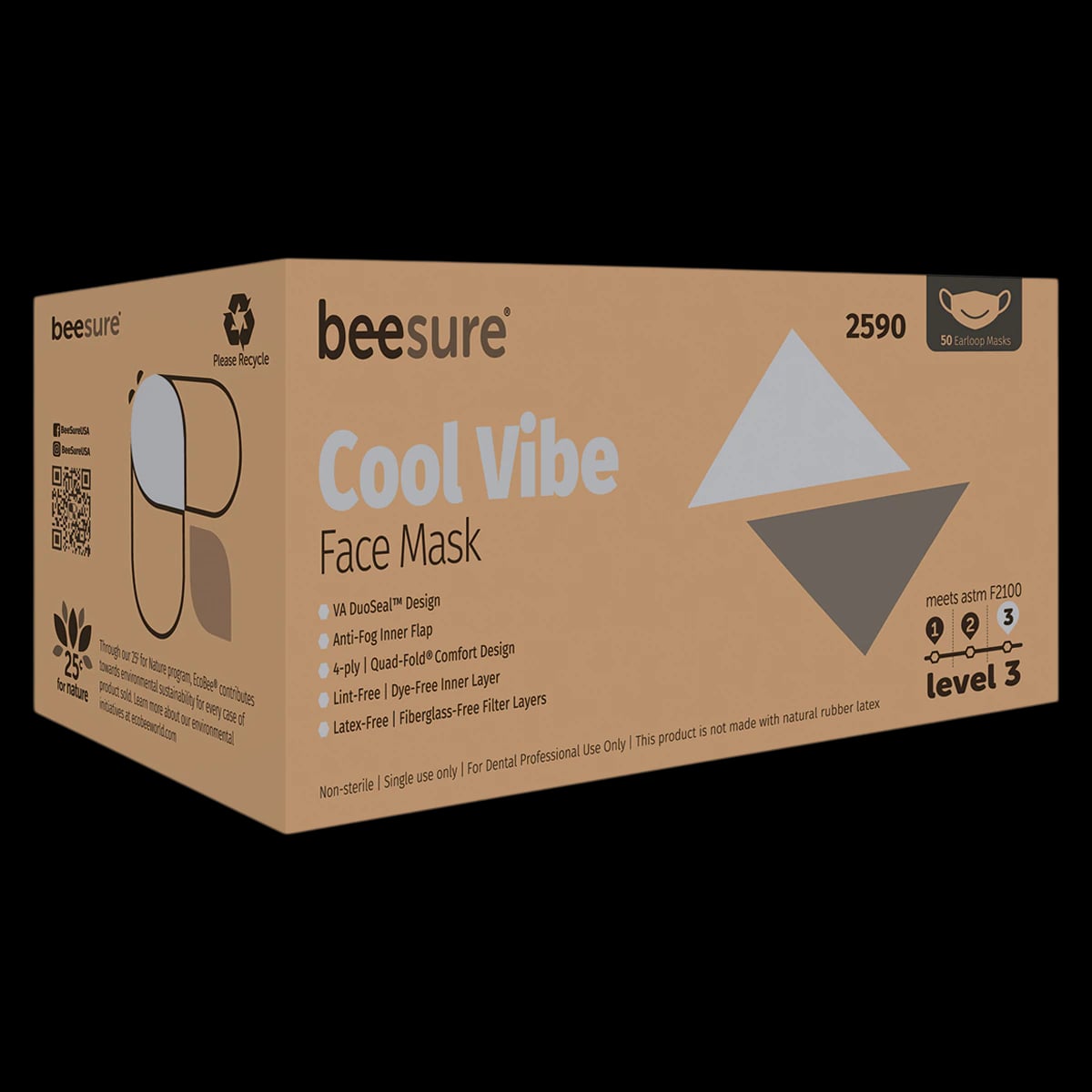 BeeSure Vibe Earloop Face Mask, ASTM Level 3, Cool Gray, 50/Box, BE2590
