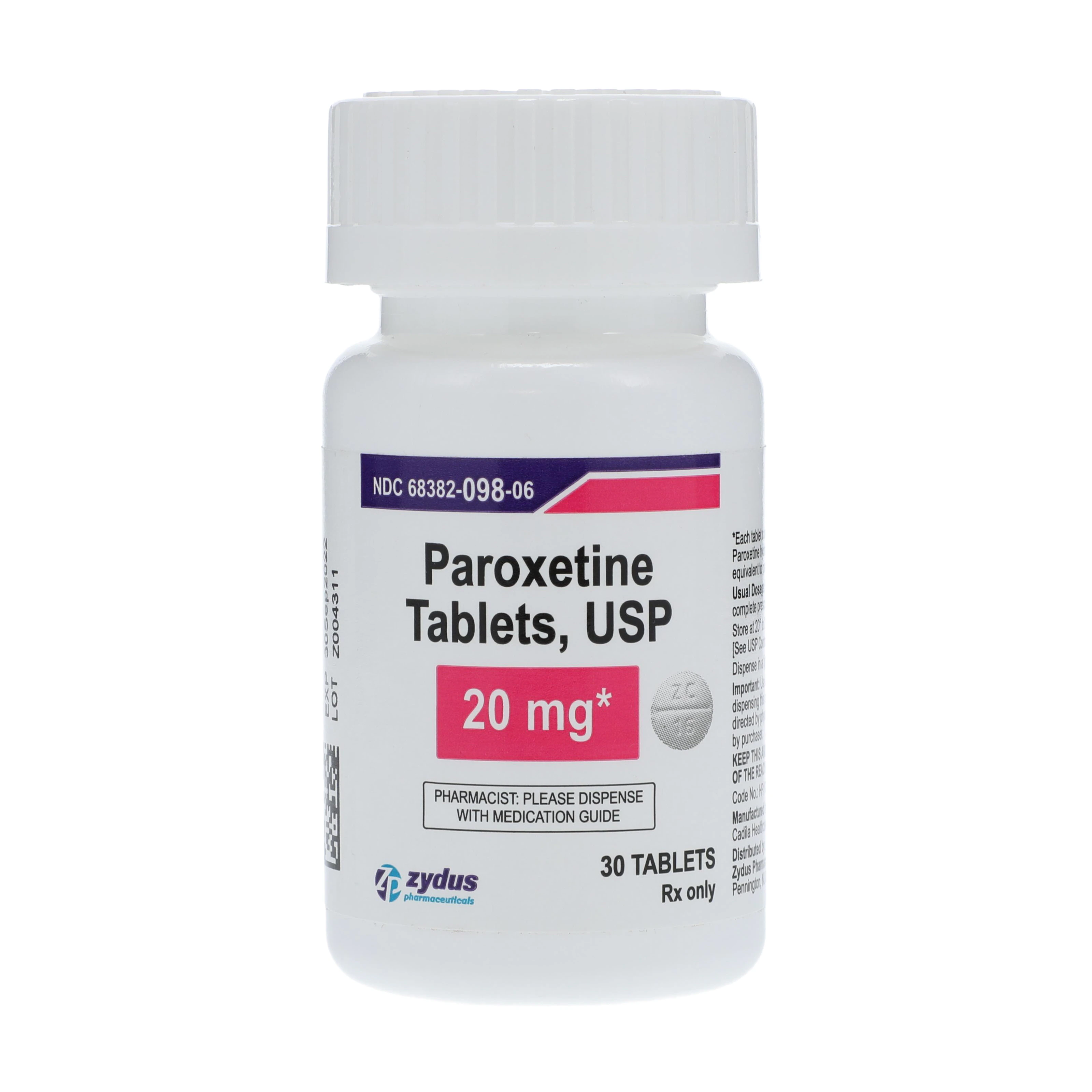 Paroxetine HCl Tablets, 20mg, 30/Bottle, Zydus Pharmaceuticals
