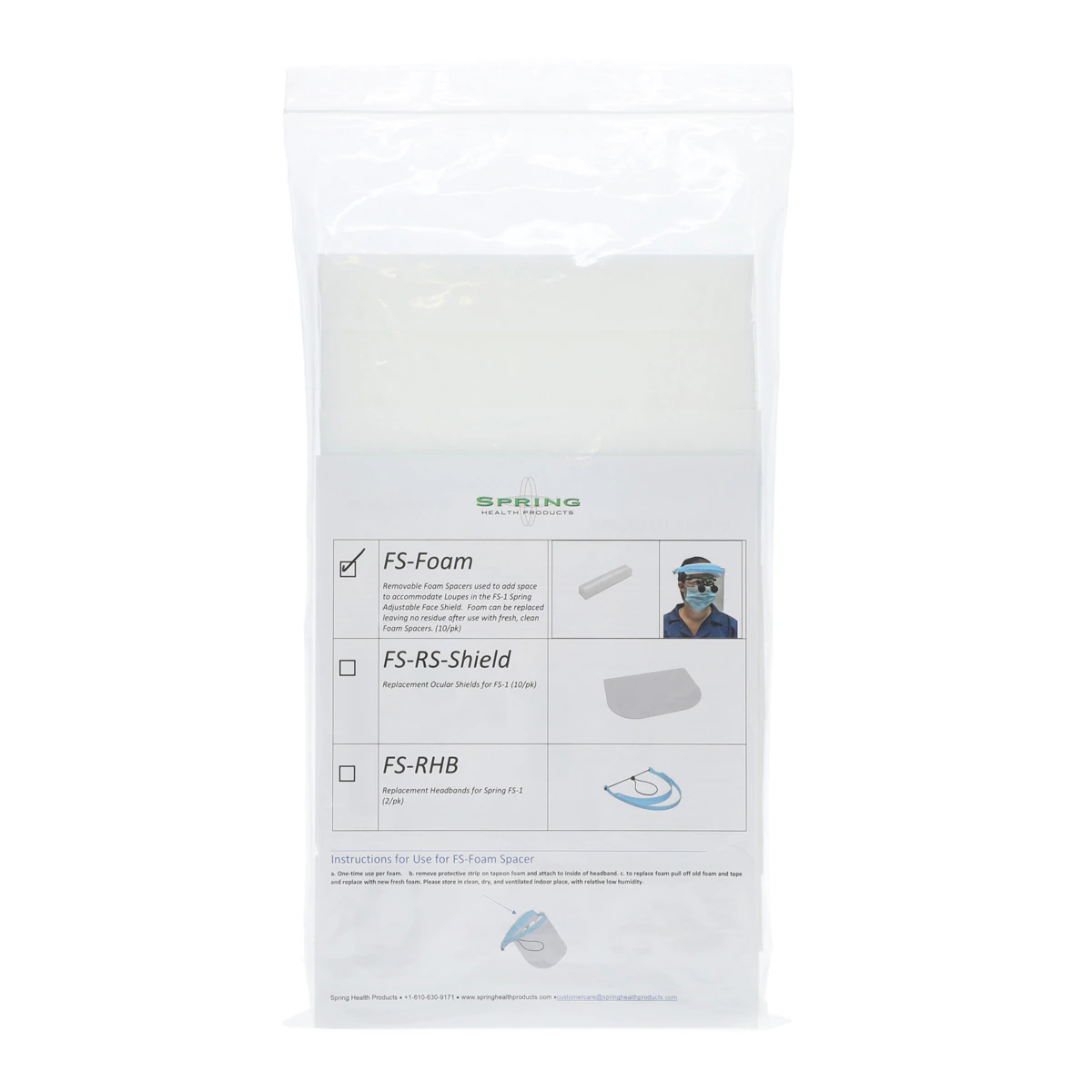 Spring Health Products FS-1 Replacement Foam Spacer for Adjustable Face Shields, White, 10/Pkg