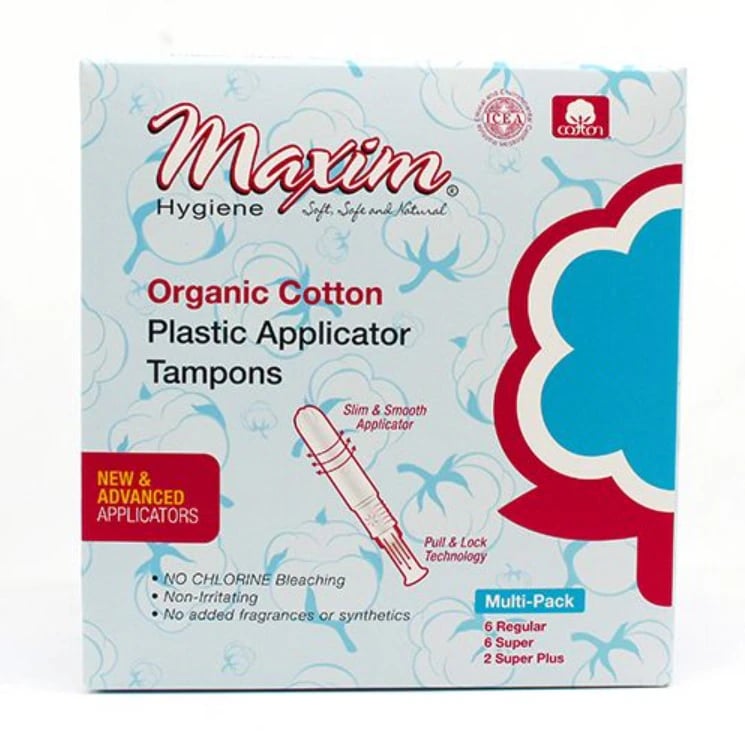 Maxim Hygiene Organic Cotton Tampons, Plastic Applicator, Unscented, 14 Count Multi-pack, White, 12/Case