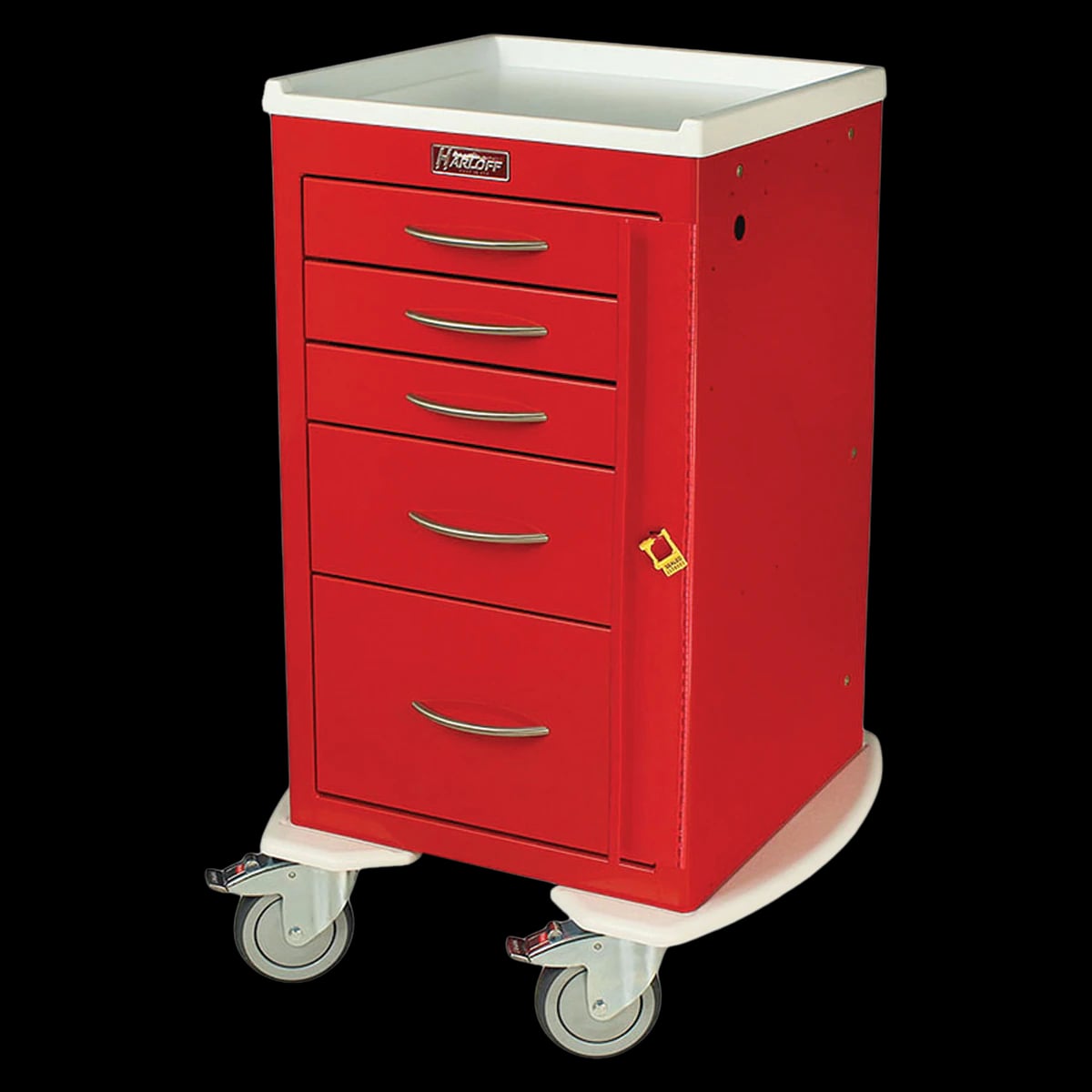 Harloff M-Series Mini Cart, 24" Wide, 5 Drawer, Red, with 5" Ball-Bearing Tente Casters and Breakaway Lock