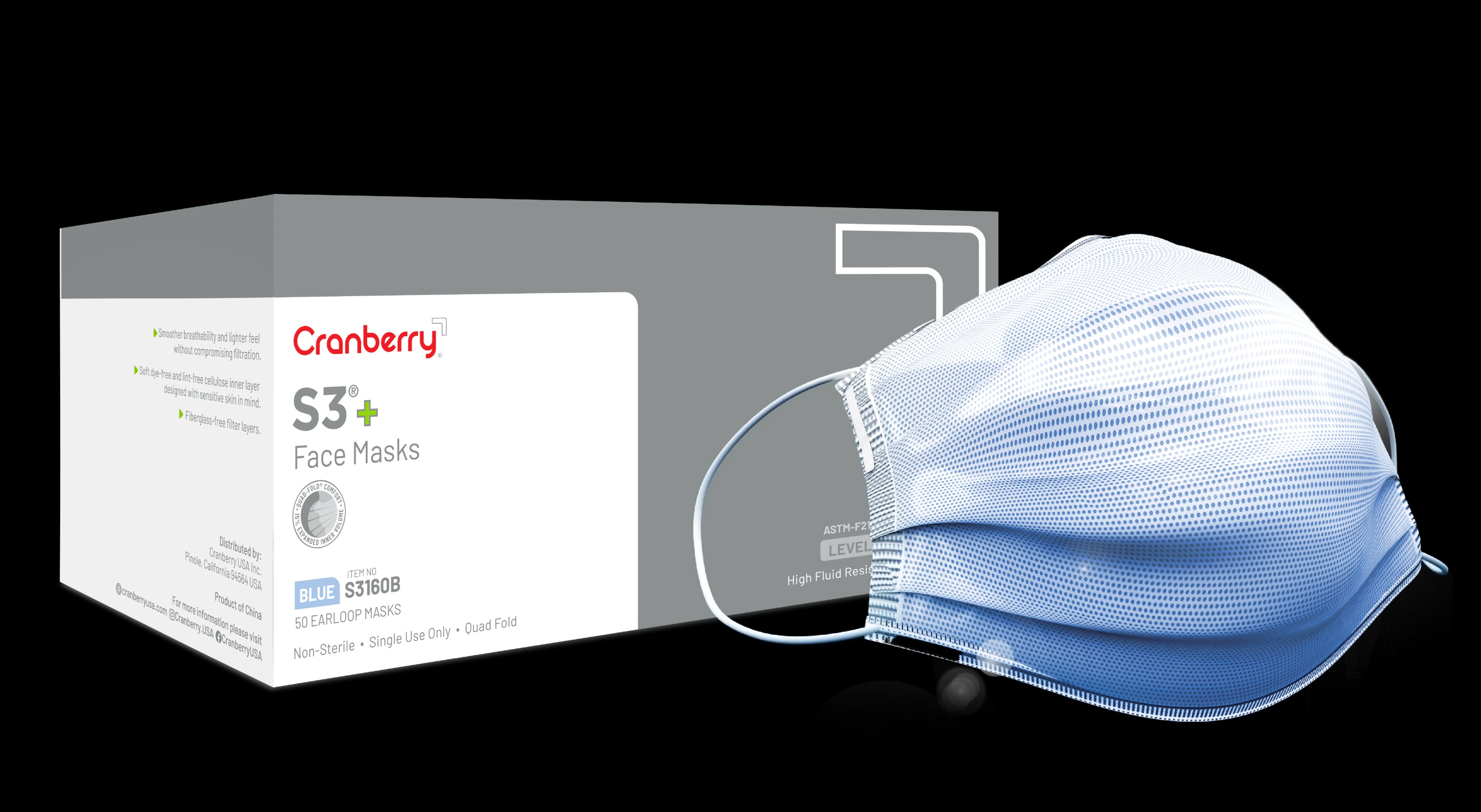 Cranberry S3+ ASTM Level 3 Earloop Procedure Face Mask, Blue, 50/Box, S3160B