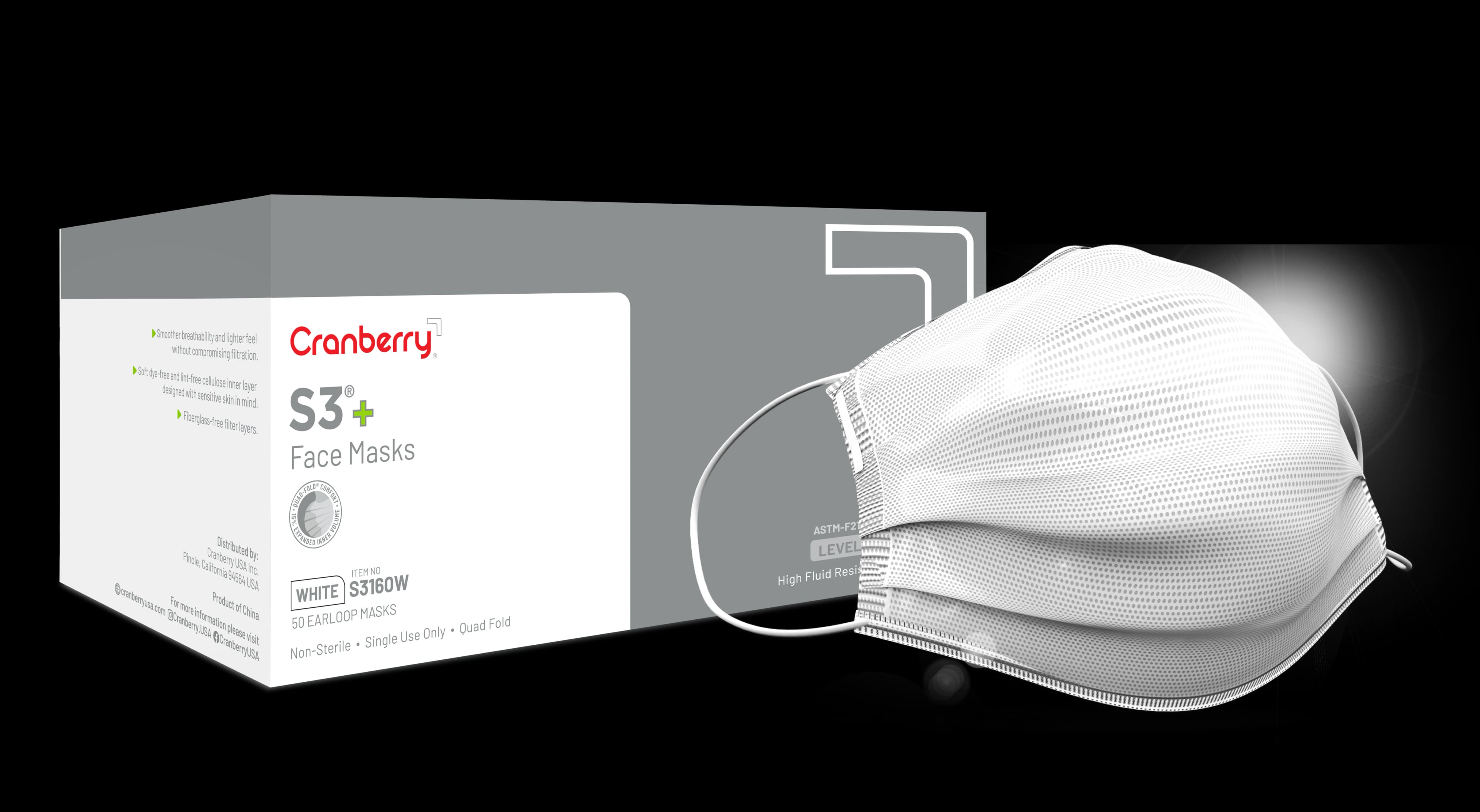 Cranberry S3+ ASTM Level 3 Procedure Face Mask, White, Ear Loop, 3-Ply, Latex-Free, 50/Box, S3160W